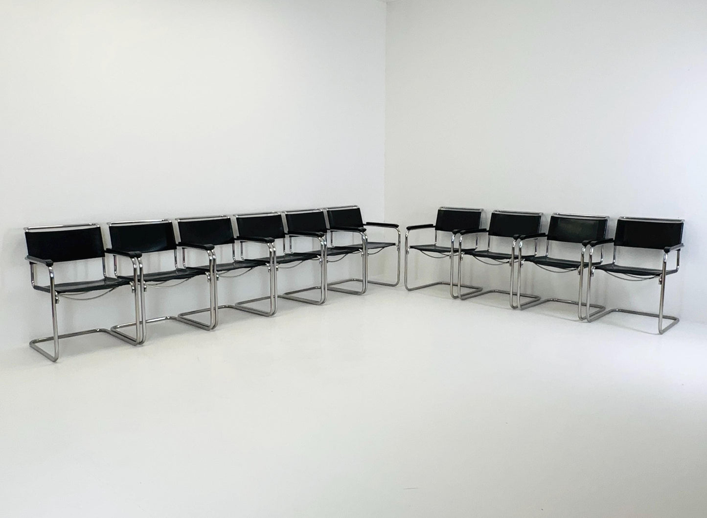 Set of 10 Bauhaus black leather iconic armchairs by mart Stam for Thonet 1980s