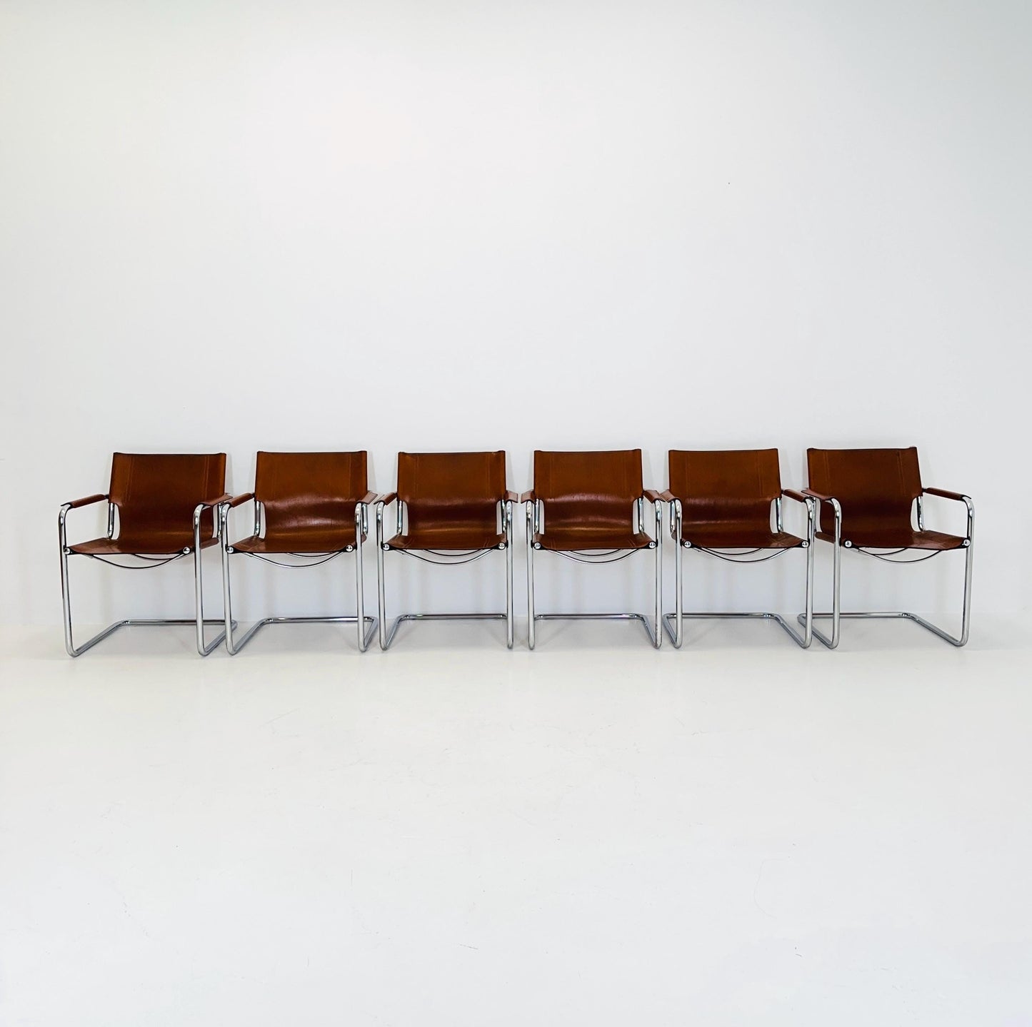 set of 6 Matteo Grassi orginal bauhaus design Visitor Chairs cognac Leather Italy 1980s