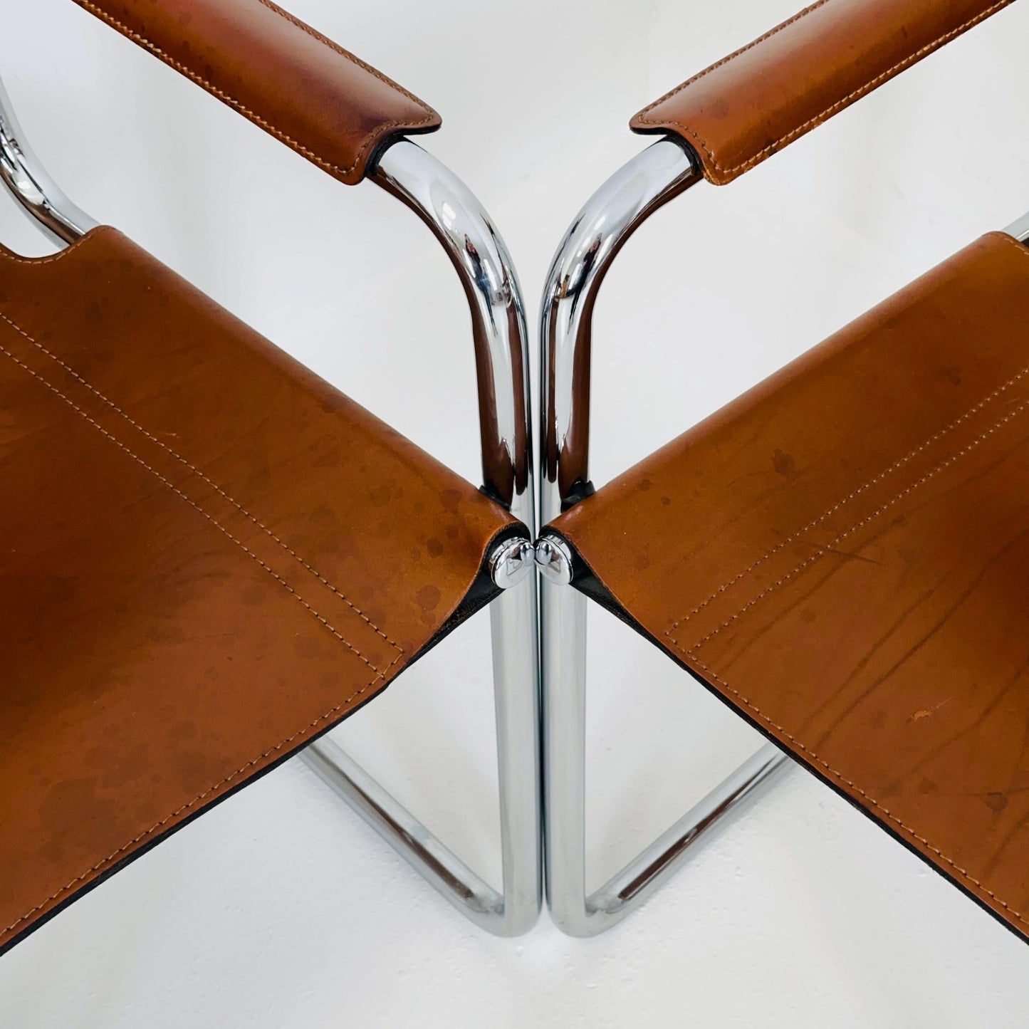 set of 6 Matteo Grassi orginal bauhaus design Visitor Chairs cognac Leather Italy 1980s