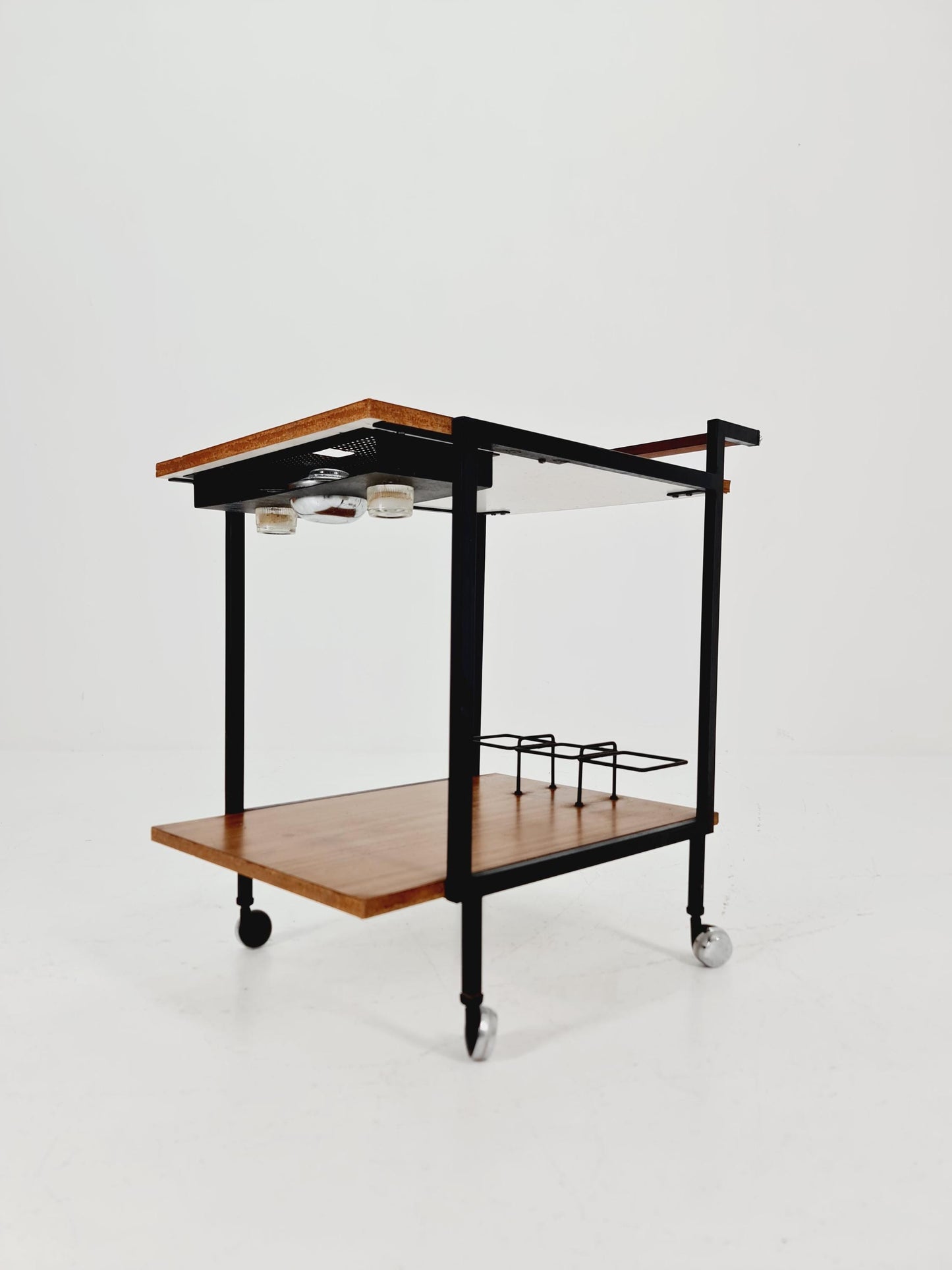 Vintage German mid century trolley bar cart in wood & metal, 1960s