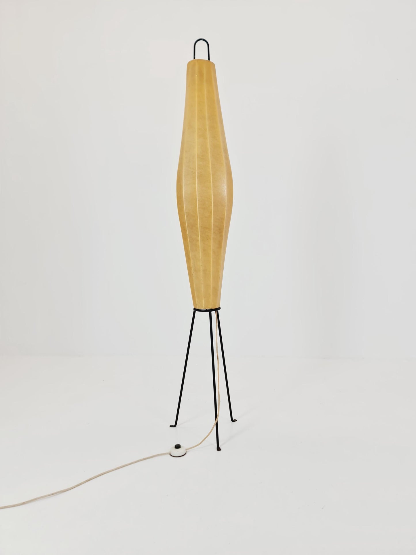 Mid century Danish tripod floor lamp in metal and cocoon shade By Klingele for Artimeta 1957s