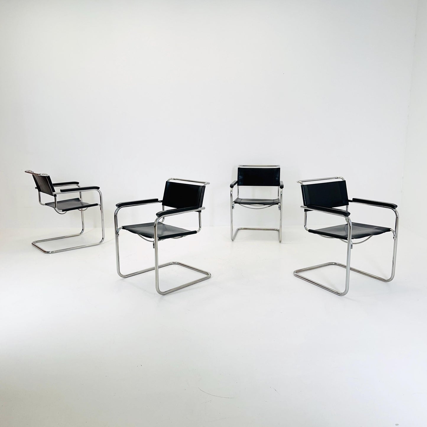 Set of 4 Bauhaus black leather iconic armchairs by mart Stam for Thonet 1980s