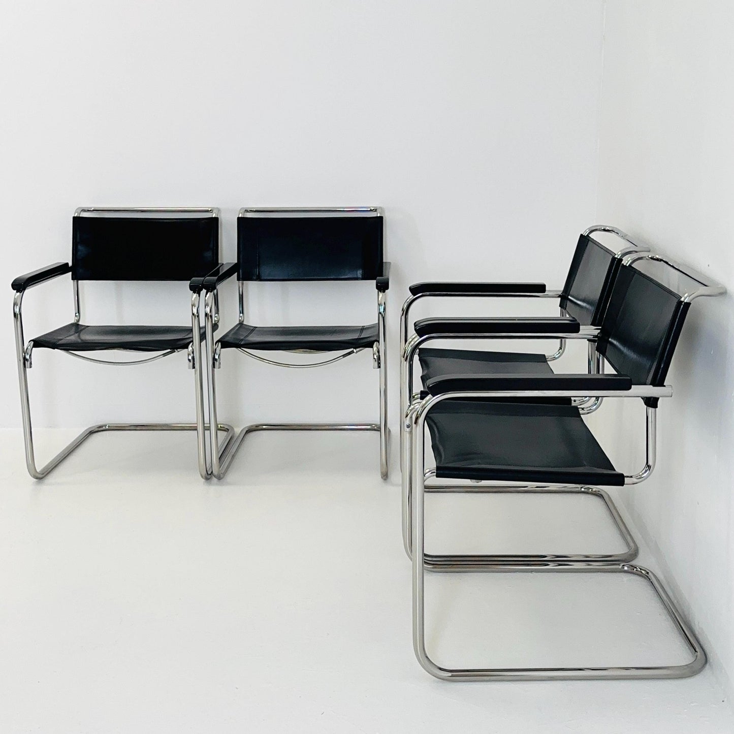 Set of 4 Bauhaus black leather iconic armchairs by mart Stam for Thonet 1980s