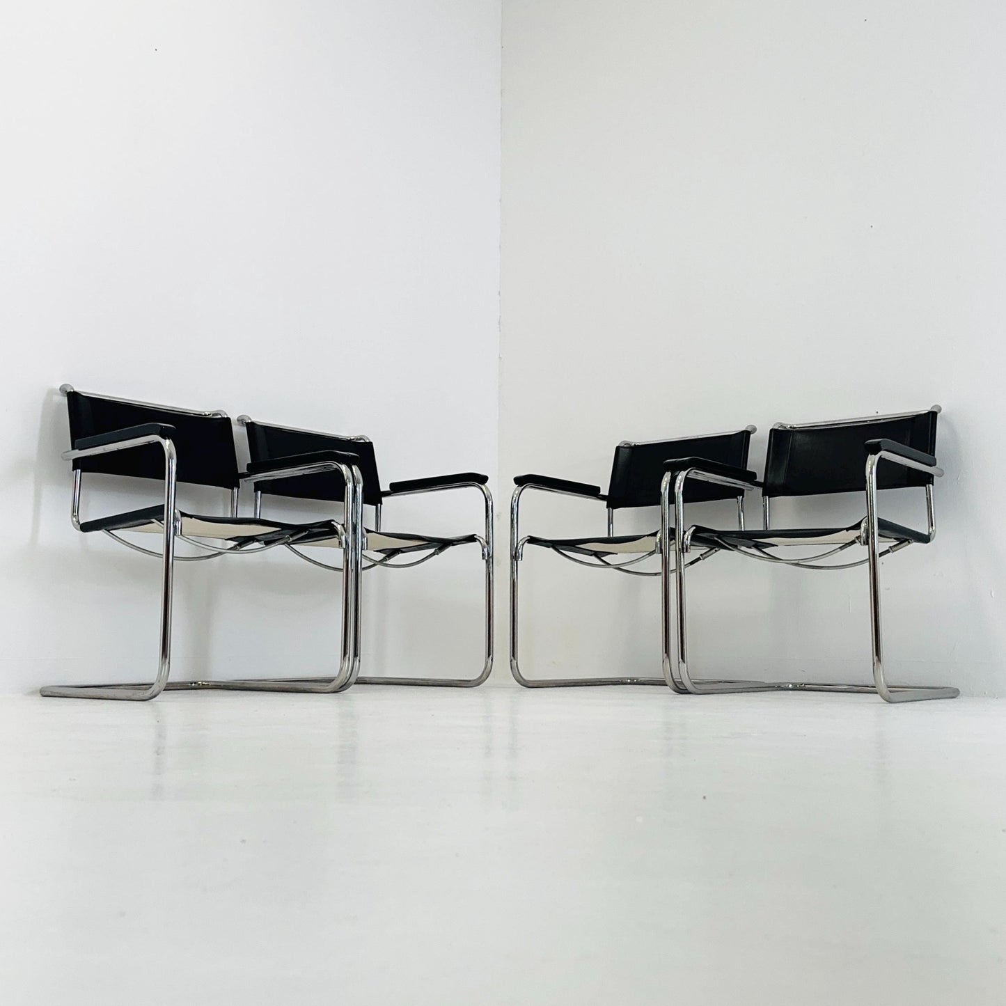 Set of 4 Bauhaus black leather iconic armchairs by mart Stam for Thonet 1980s