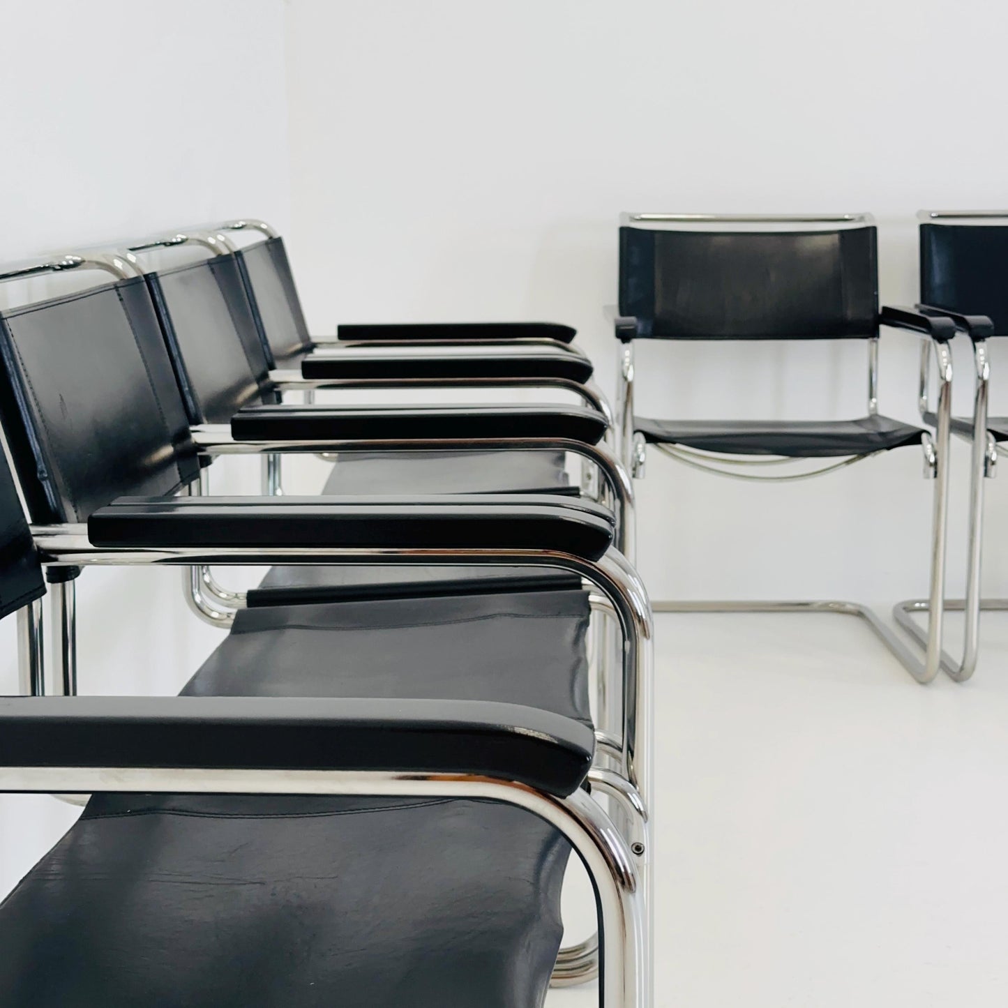 Set of 6 Bauhaus black leather iconic armchairs by mart Stam for Thonet 1980s