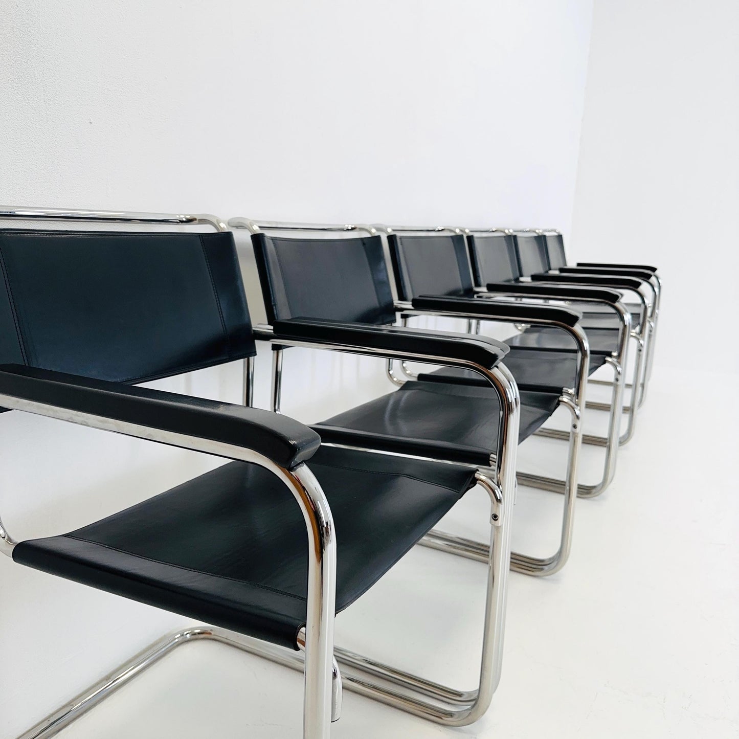 Set of 8 Bauhaus black leather iconic armchairs by mart Stam for Thonet 1980s