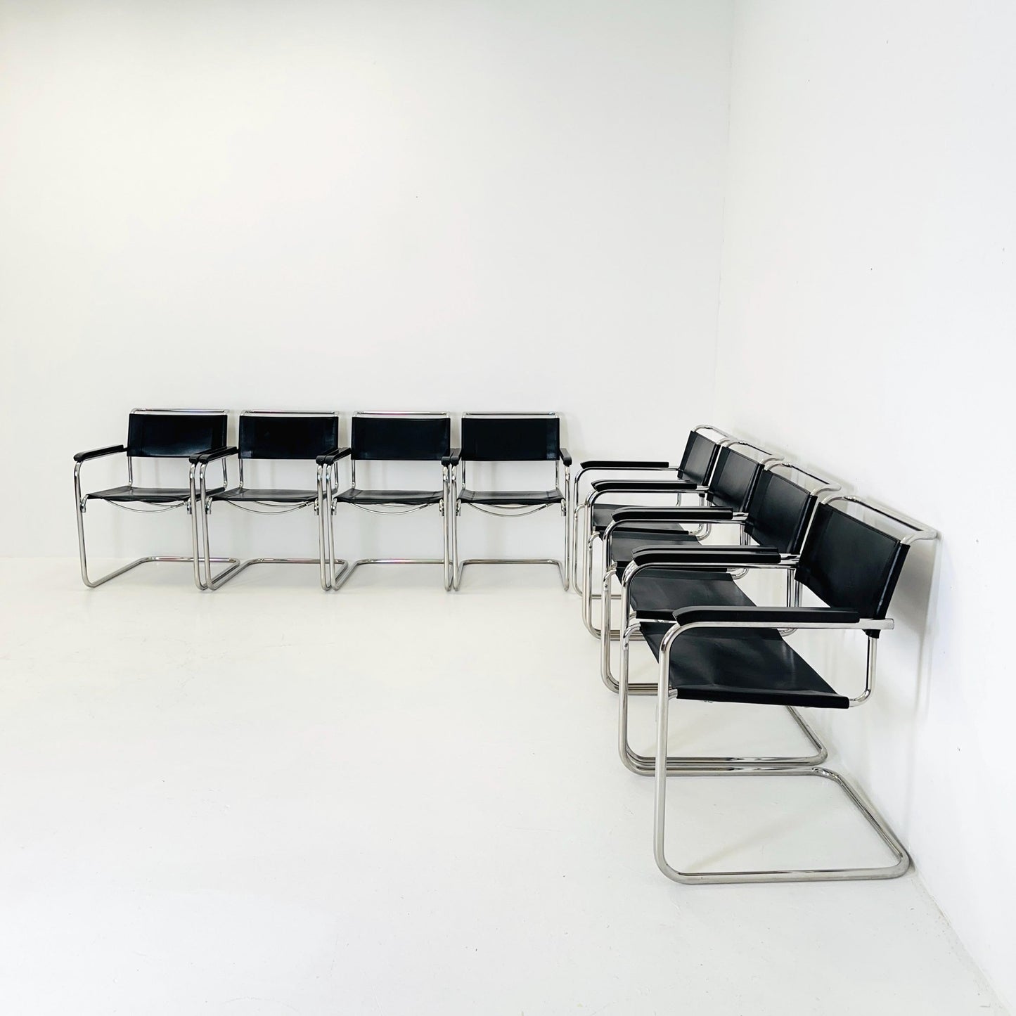 Set of 8 Bauhaus black leather iconic armchairs by mart Stam for Thonet 1980s