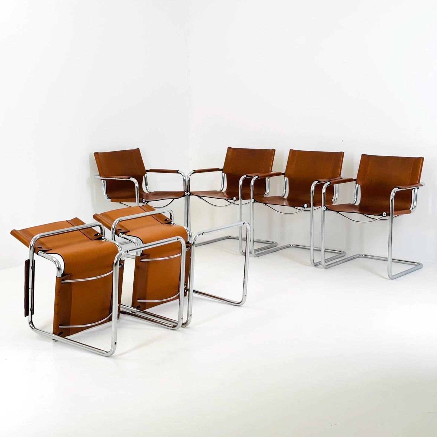 set of 6 Matteo Grassi orginal bauhaus design Visitor Chairs cognac Leather Italy 1980s