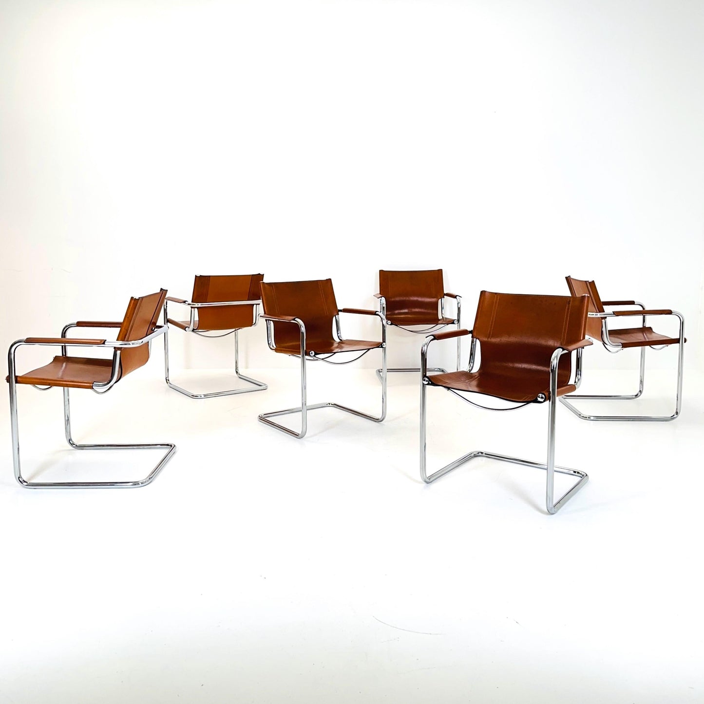 set of 6 Matteo Grassi orginal bauhaus design Visitor Chairs cognac Leather Italy 1980s