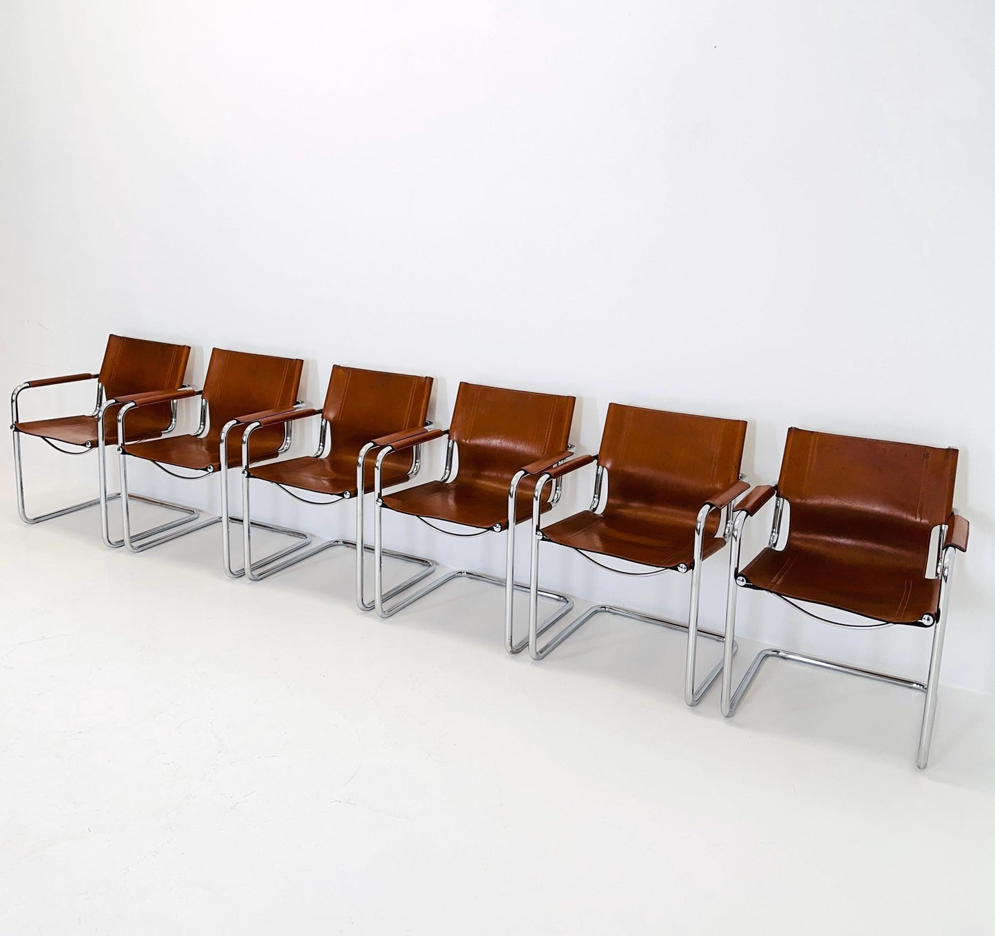 set of 6 Matteo Grassi orginal bauhaus design Visitor Chairs cognac Leather Italy 1980s
