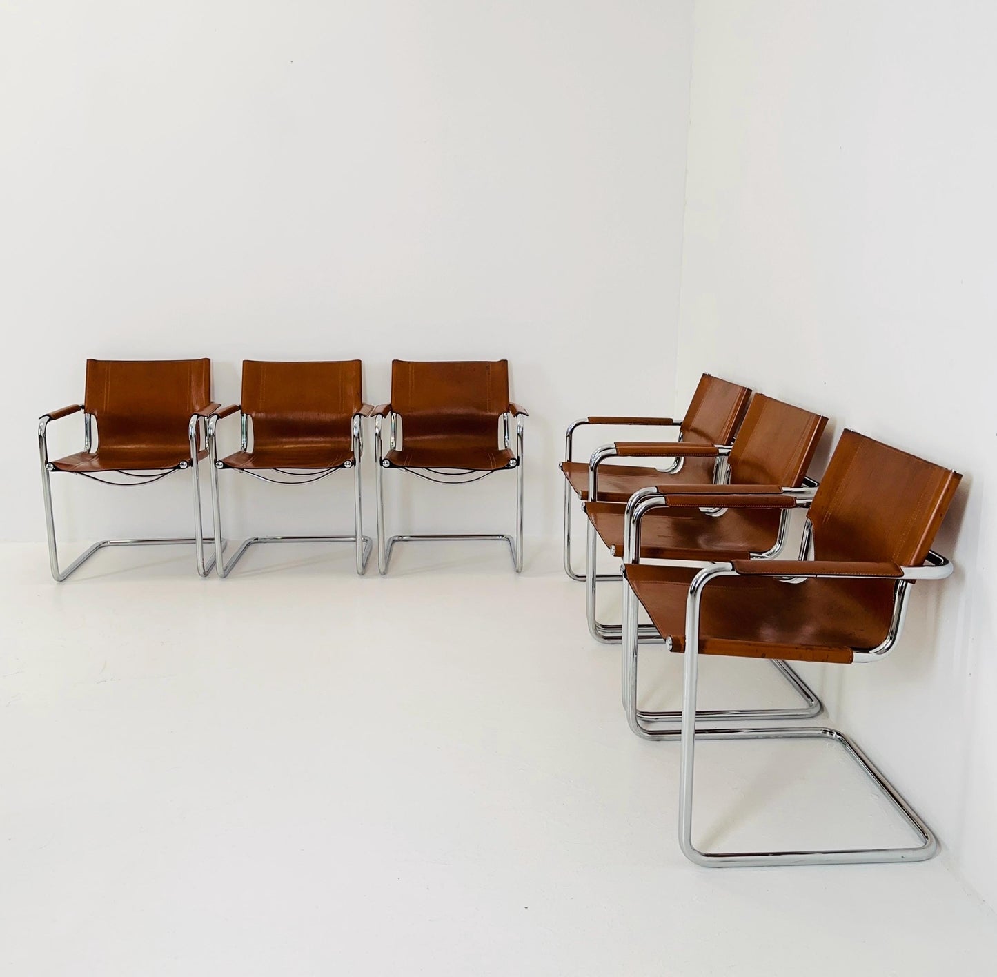 set of 6 Matteo Grassi orginal bauhaus design Visitor Chairs cognac Leather Italy 1980s
