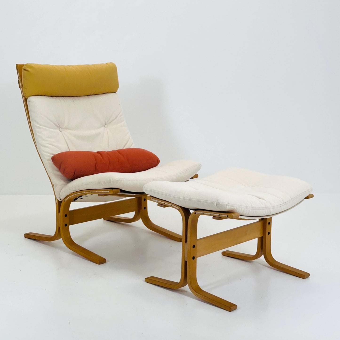 set of 2 Mid century rare cotton armchair “Siesta” and ottoman by Ingmar Relling, Westnofa Furniture, Norway. 1990s