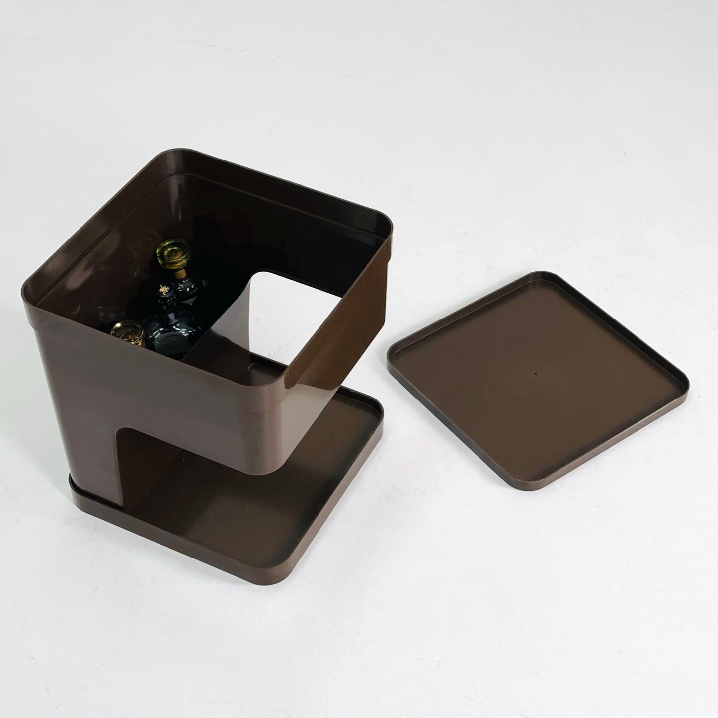 Space age brown side table or mini bar by flair for Prisunic. Molded plastic, 1980s