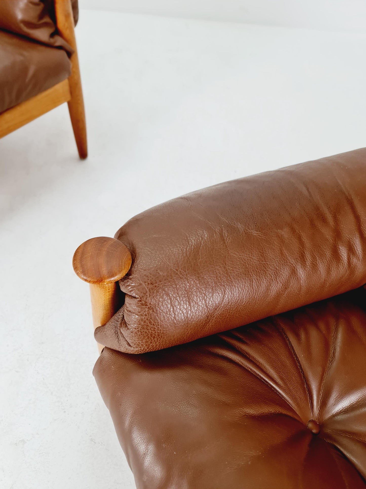 mid century armchairs By Eric Merthen for ire möbler in leather and Oak wood , Sweden 1960s Set of 2
