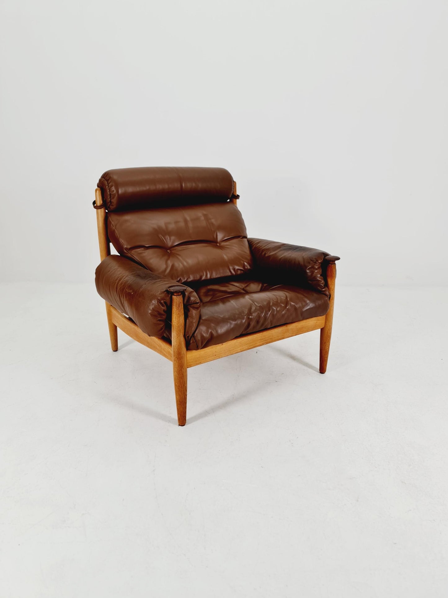 mid century armchairs By Eric Merthen for ire möbler in leather and Oak wood , Sweden 1960s