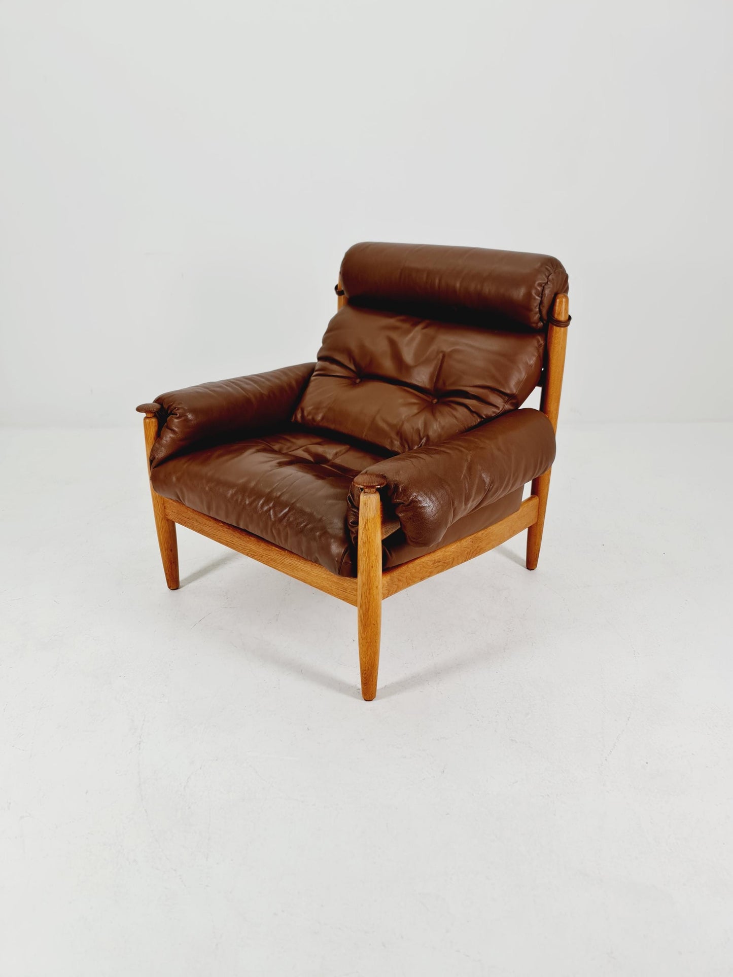 mid century armchairs By Eric Merthen for ire möbler in leather and Oak wood , Sweden 1960s
