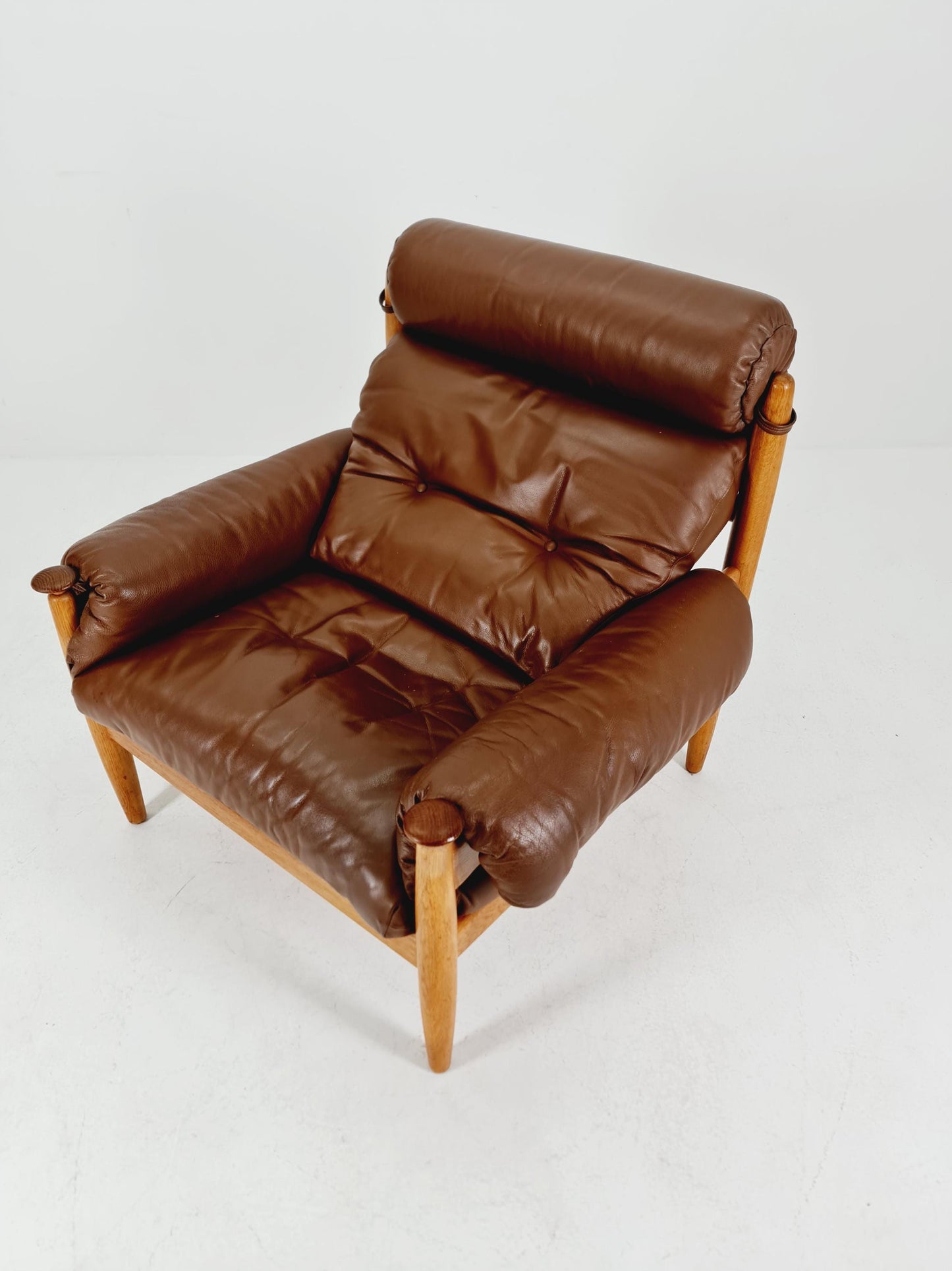 mid century armchairs By Eric Merthen for ire möbler in leather and Oak wood , Sweden 1960s