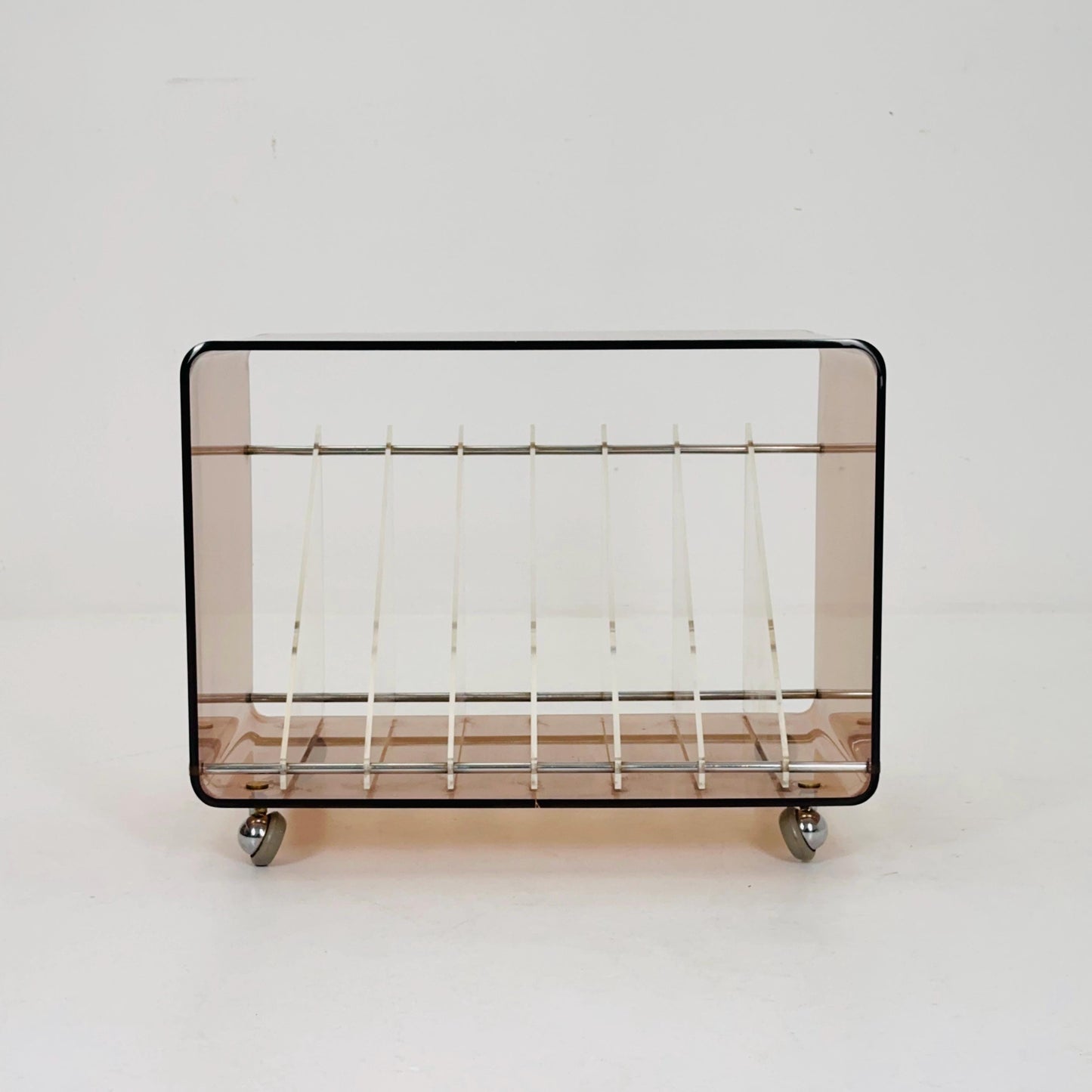 Space age Smoked Brown Plexiglass vinyl storage /Trolley by Michel Dumas for Roche Bobois 1970s