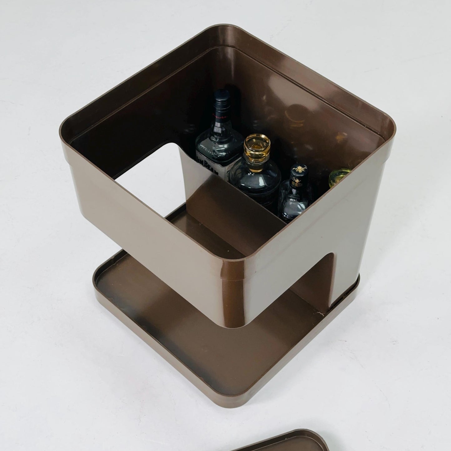 Space age brown side table or mini bar by flair for Prisunic. Molded plastic, 1980s