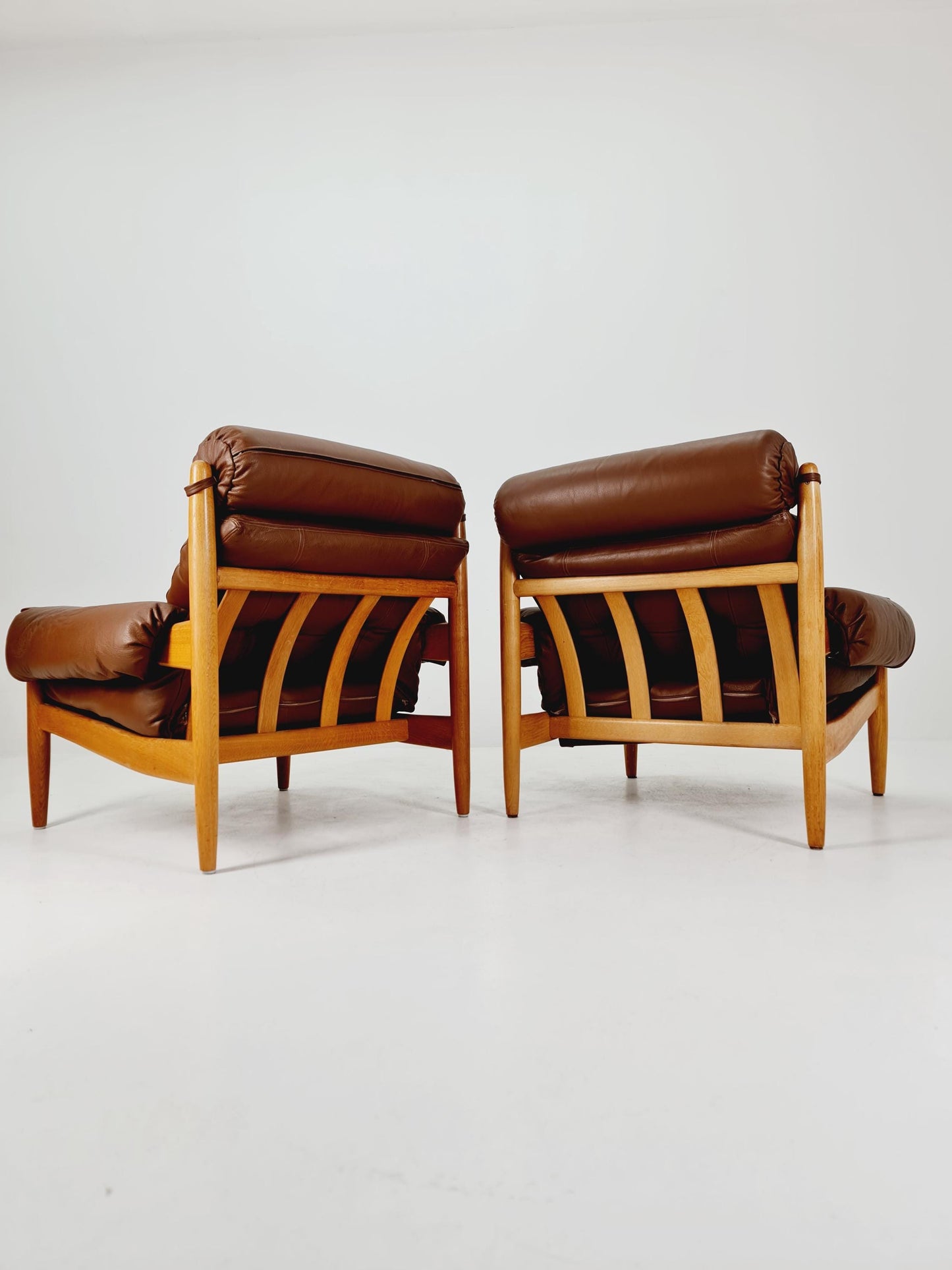 mid century armchairs By Eric Merthen for ire möbler in leather and Oak wood , Sweden 1960s Set of 2