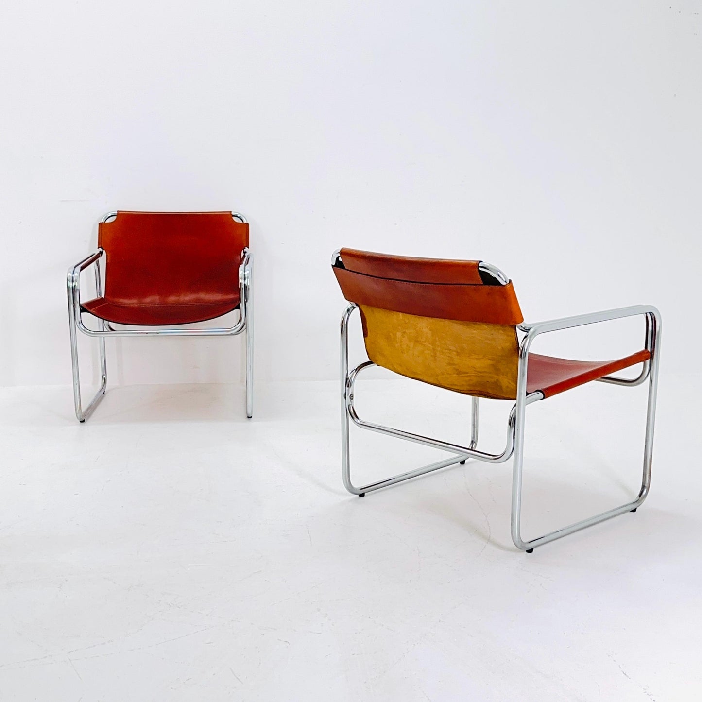 Set of 2 Mid-Century Italian Leather & Chrome Armchairs Jox Interni 1970s