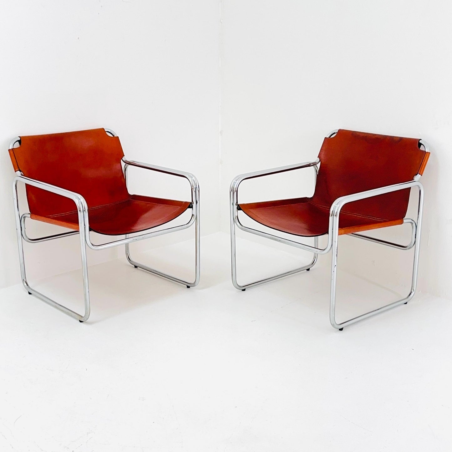 Set of 2 Mid-Century Italian Leather & Chrome Armchairs Jox Interni 1970s