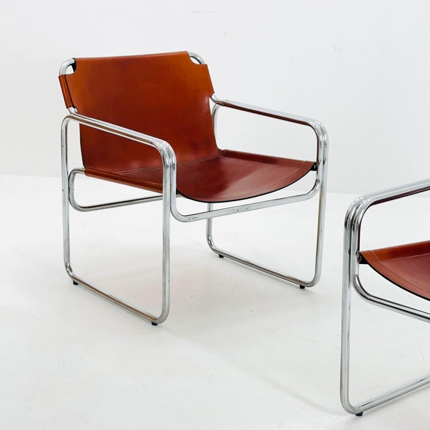 Set of 2 Mid-Century Italian Leather & Chrome Armchairs Jox Interni 1970s