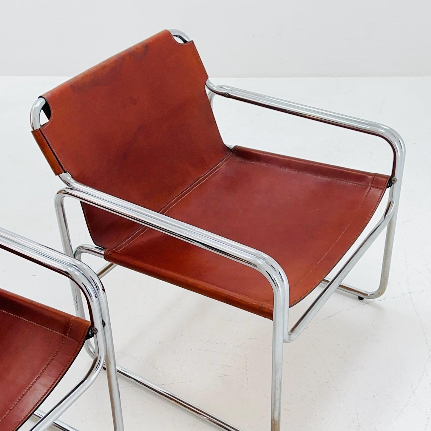 Set of 2 Mid-Century Italian Leather & Chrome Armchairs Jox Interni 1970s