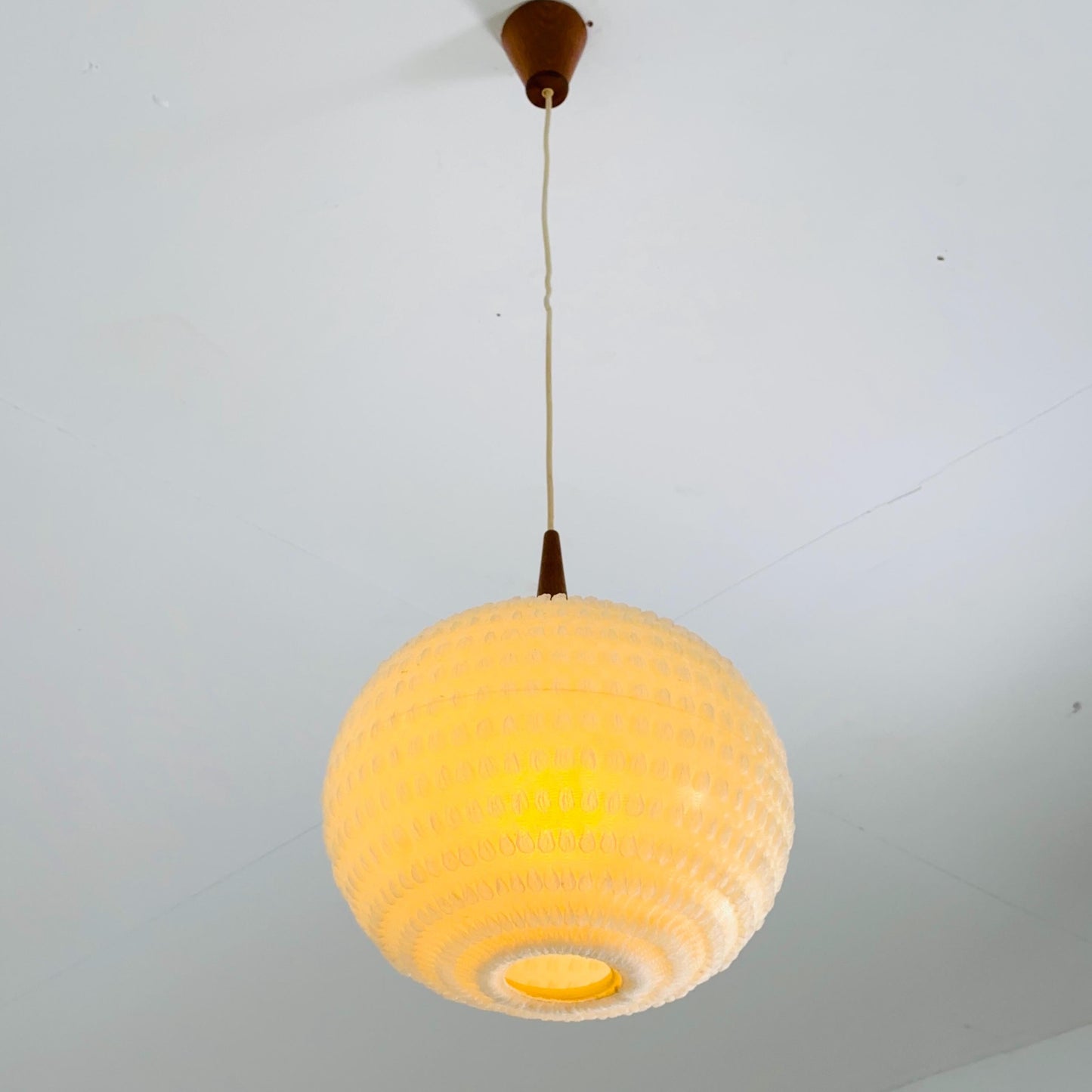Mid century Teak Ball Ceiling Lamp with Fabric Shade by Temde, Switzerland, 1960s