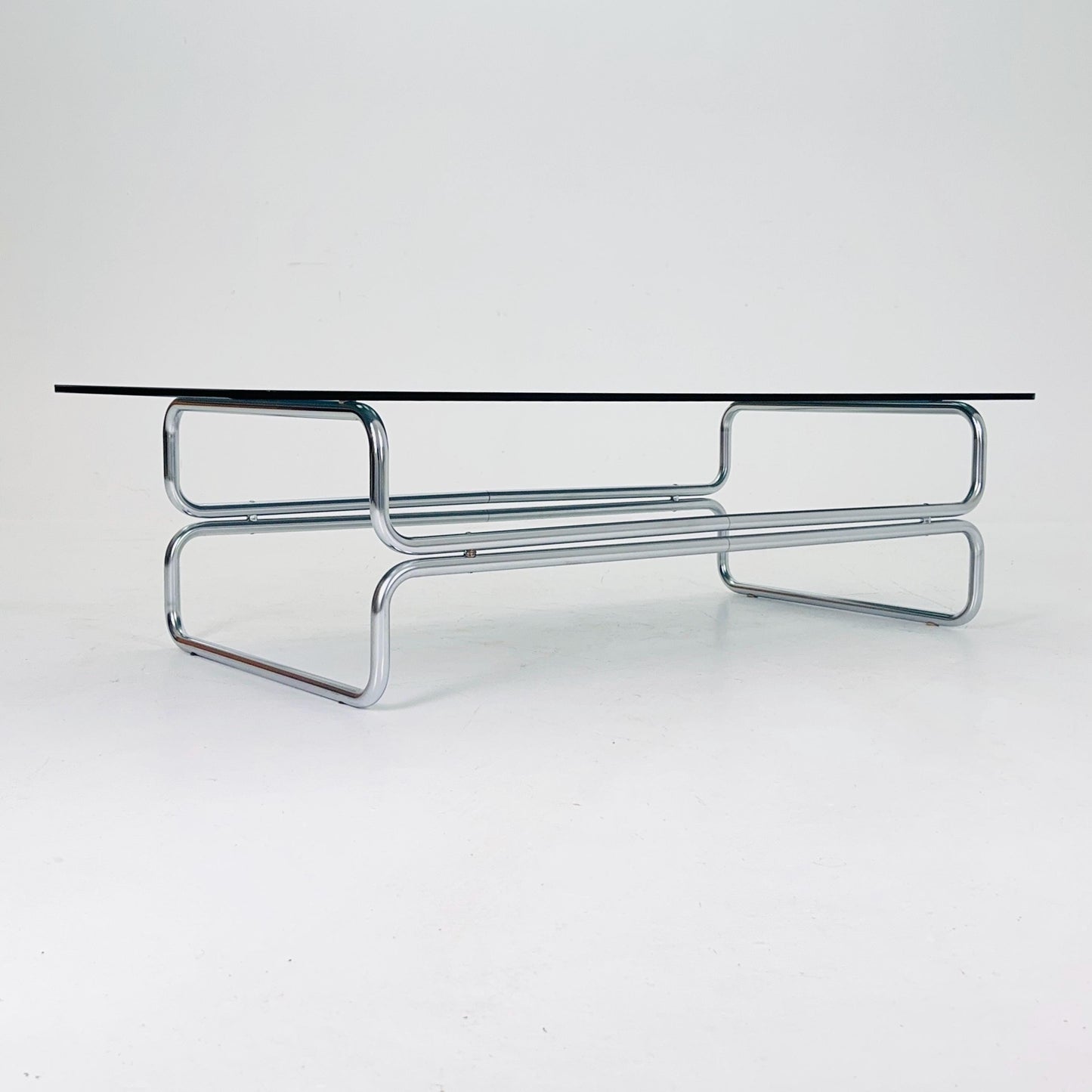Mid century Large Bauhaus Coffee Table tubalr Chrom & smoked glass by Gae Aulenti Italy 1980s