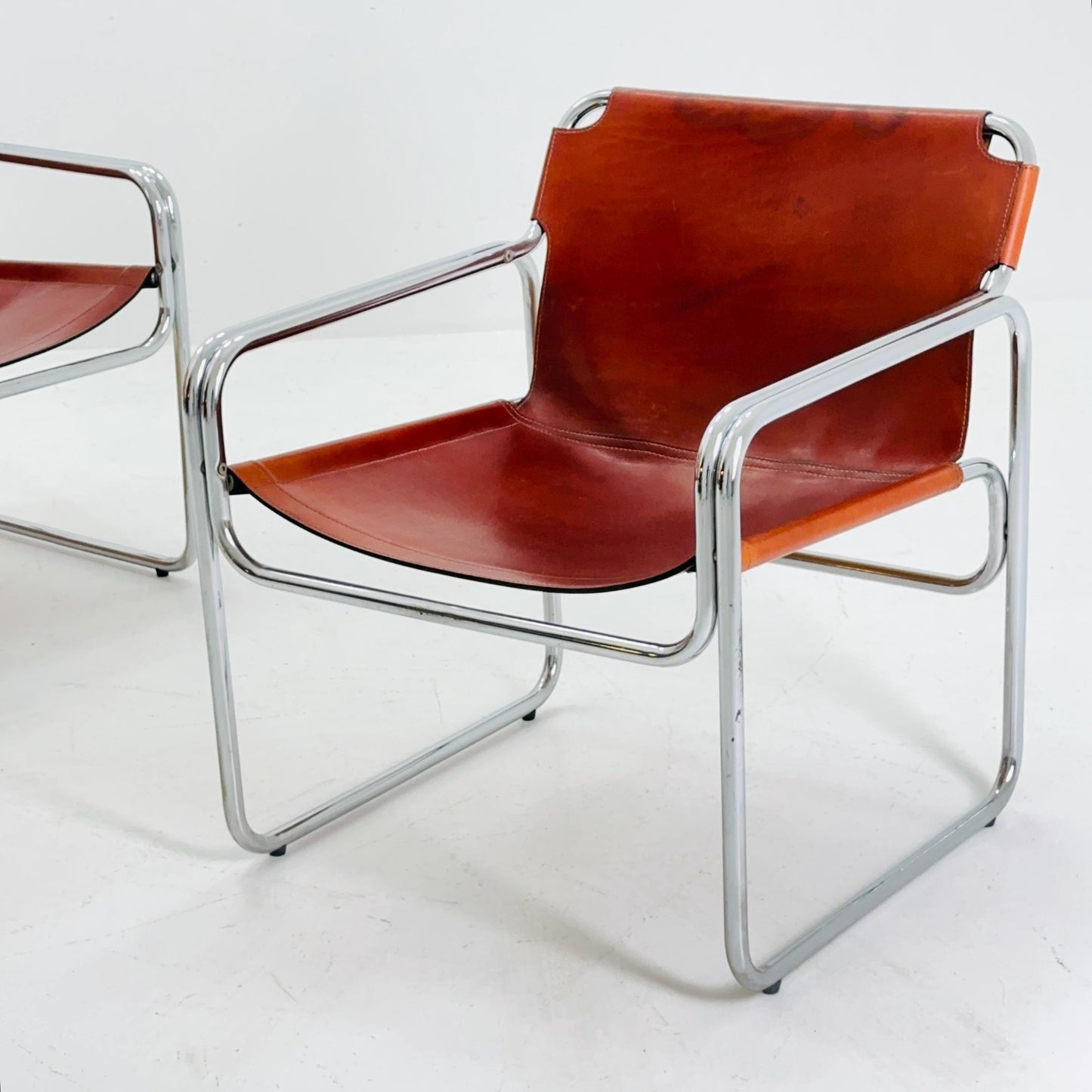 Set of 2 Mid-Century Italian Leather & Chrome Armchairs Jox Interni 1970s