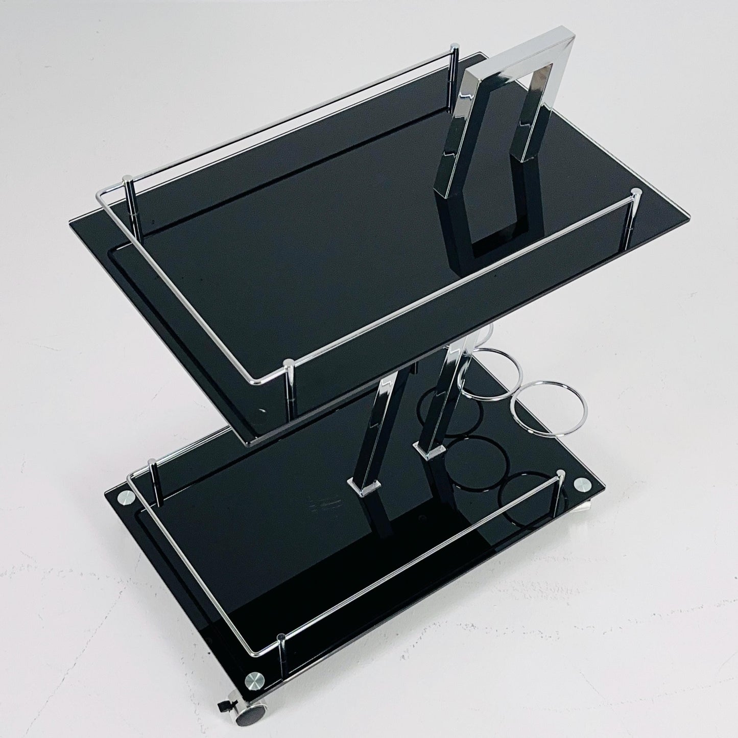 Mid century Italian Bar Cart – Black Glass & Chrome Serving Trolly, 1970s