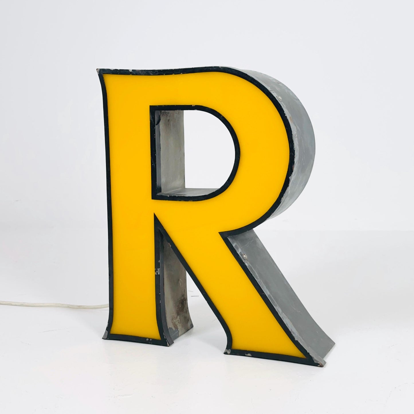 Mid century Large Illuminated Letter “R” – Yellow Plexiglass & Metal Sign Germany 1980s