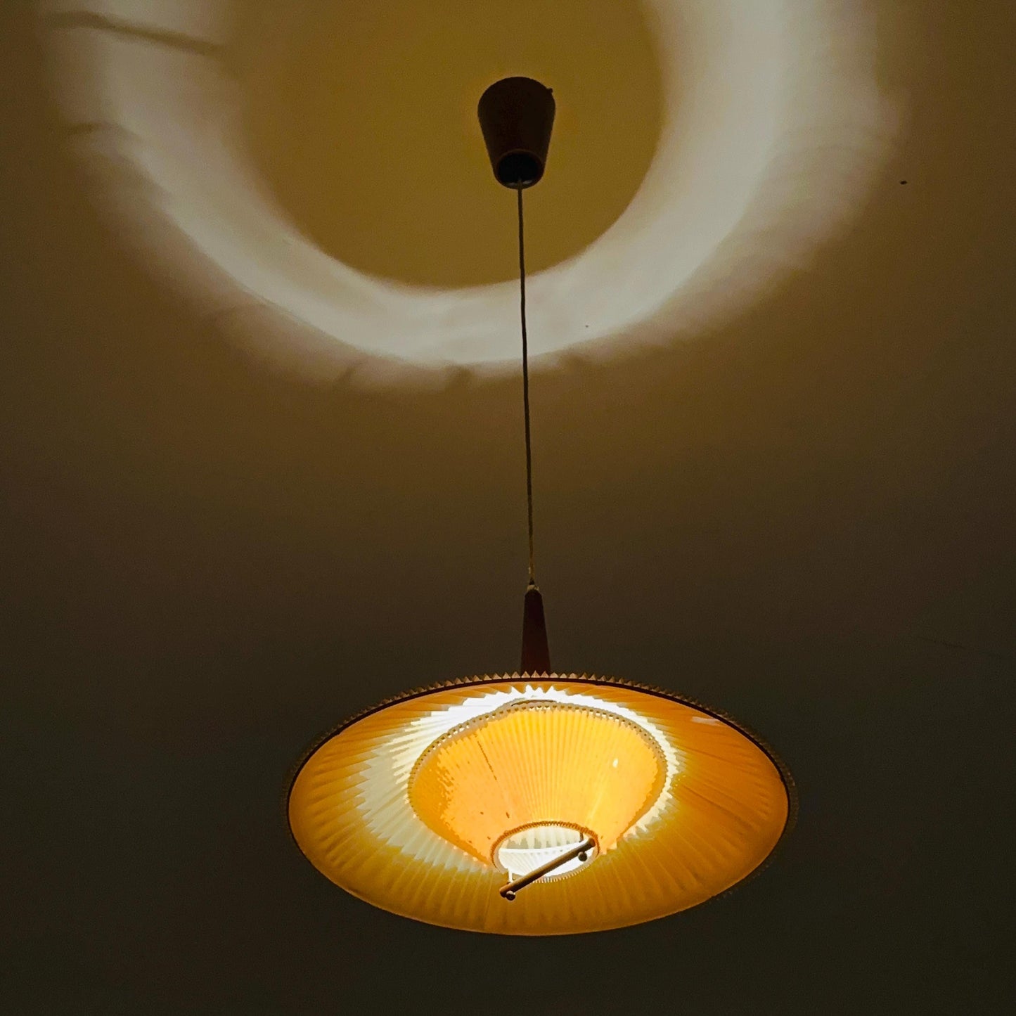 Danish Mid-Century Pendant Lamp | Teak & Pleated Fabric | Adjustable Height 1960s