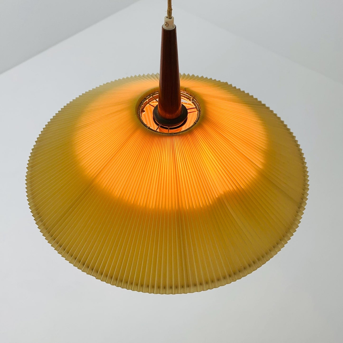 Danish Mid-Century Pendant Lamp | Teak & Pleated Fabric | Adjustable Height 1960s