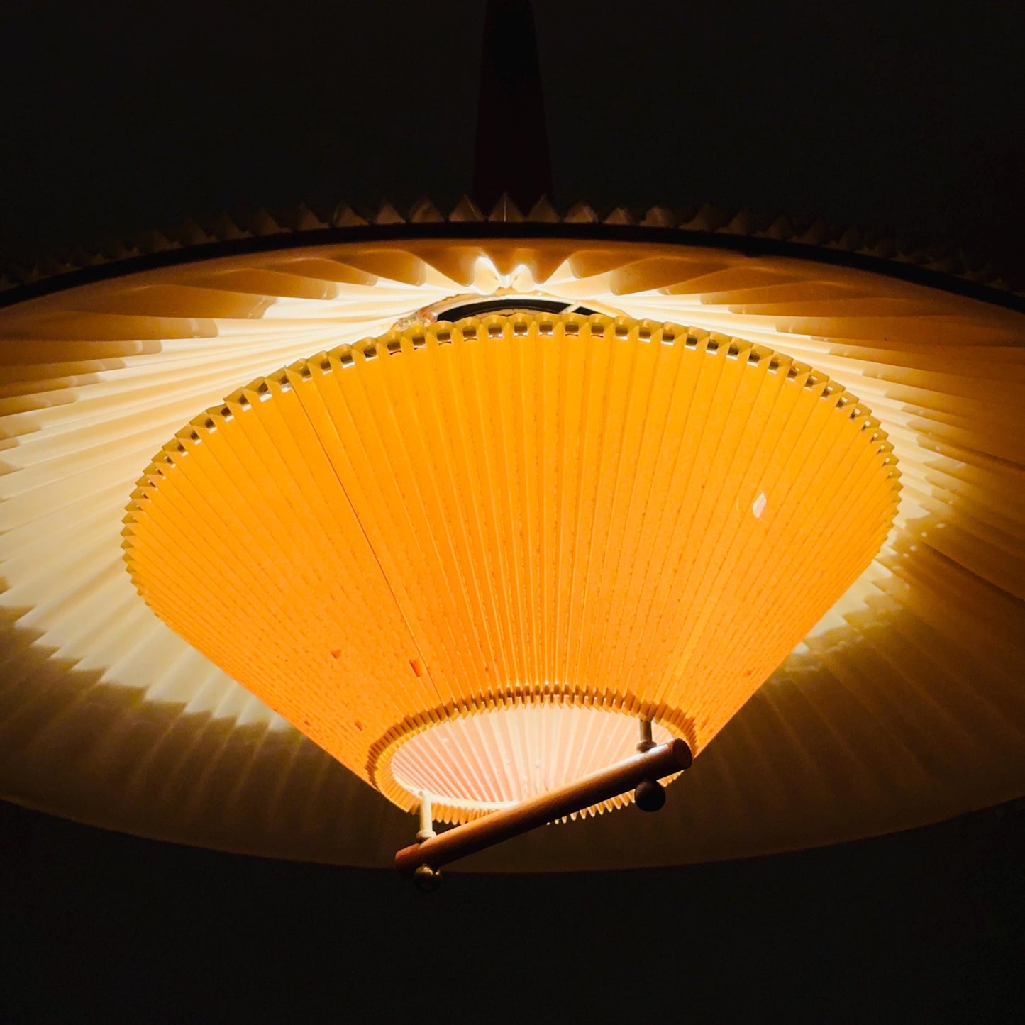 Danish Mid-Century Pendant Lamp | Teak & Pleated Fabric | Adjustable Height 1960s