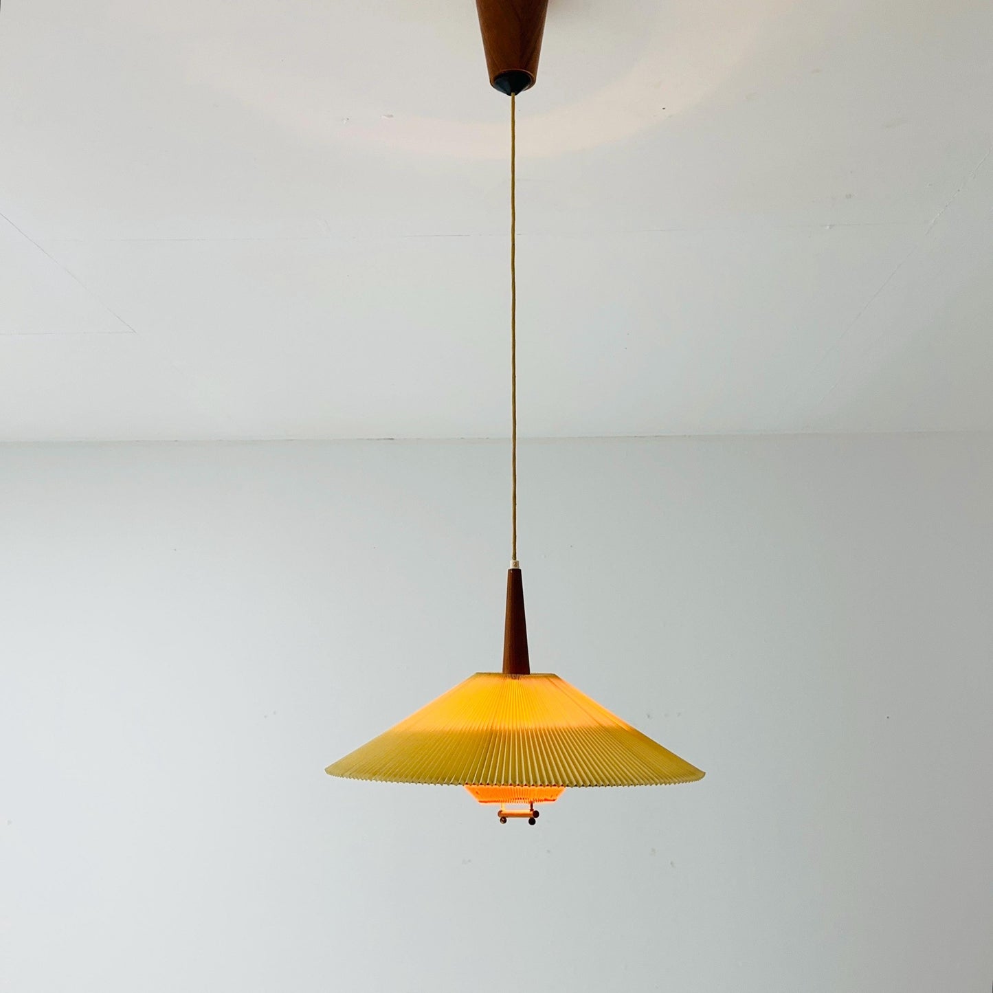 Danish Mid-Century Pendant Lamp | Teak & Pleated Fabric | Adjustable Height 1960s