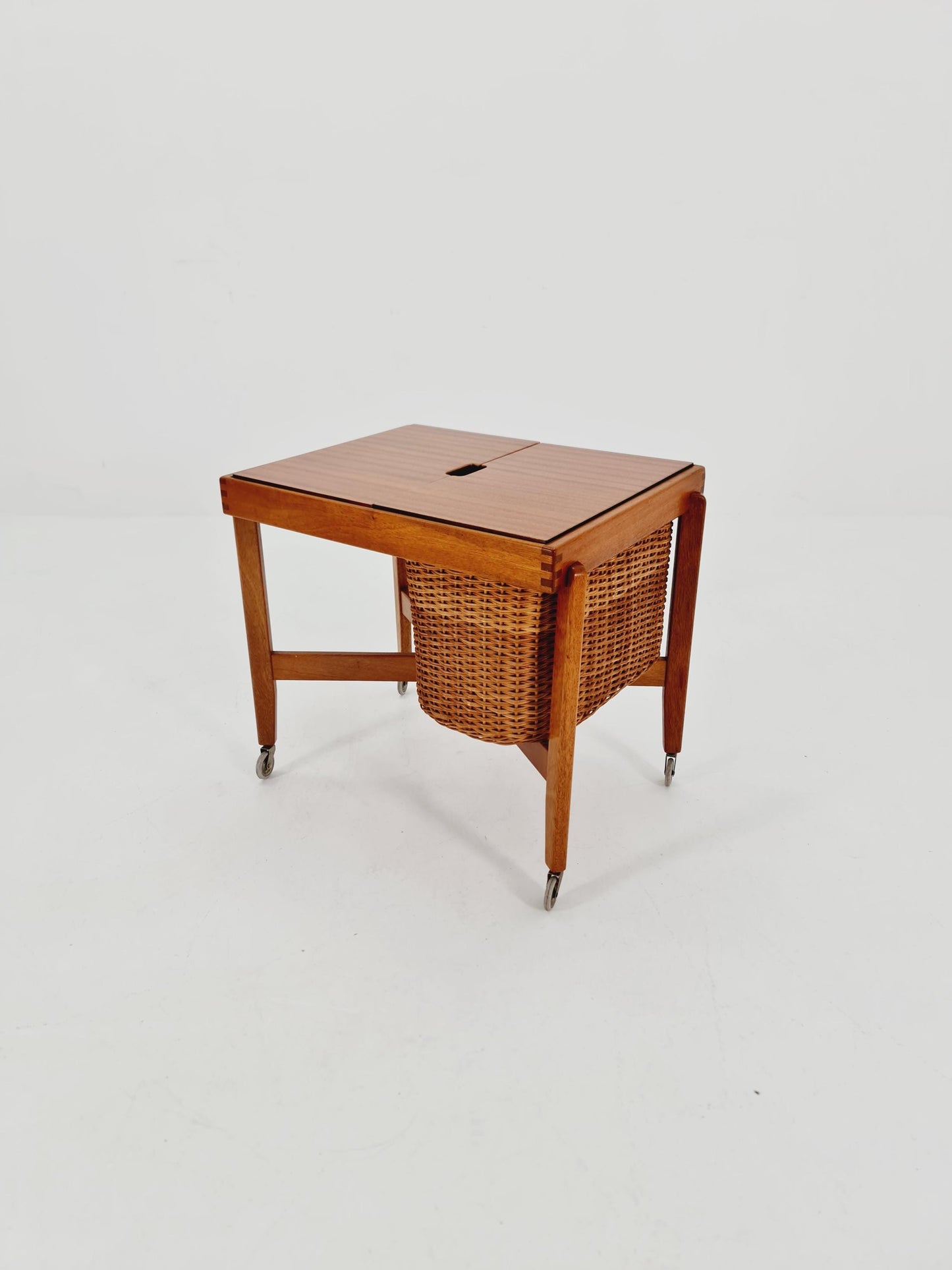 Vintage Danish teak and rattan sewing table/ side table cabinet By Asko , 1960s