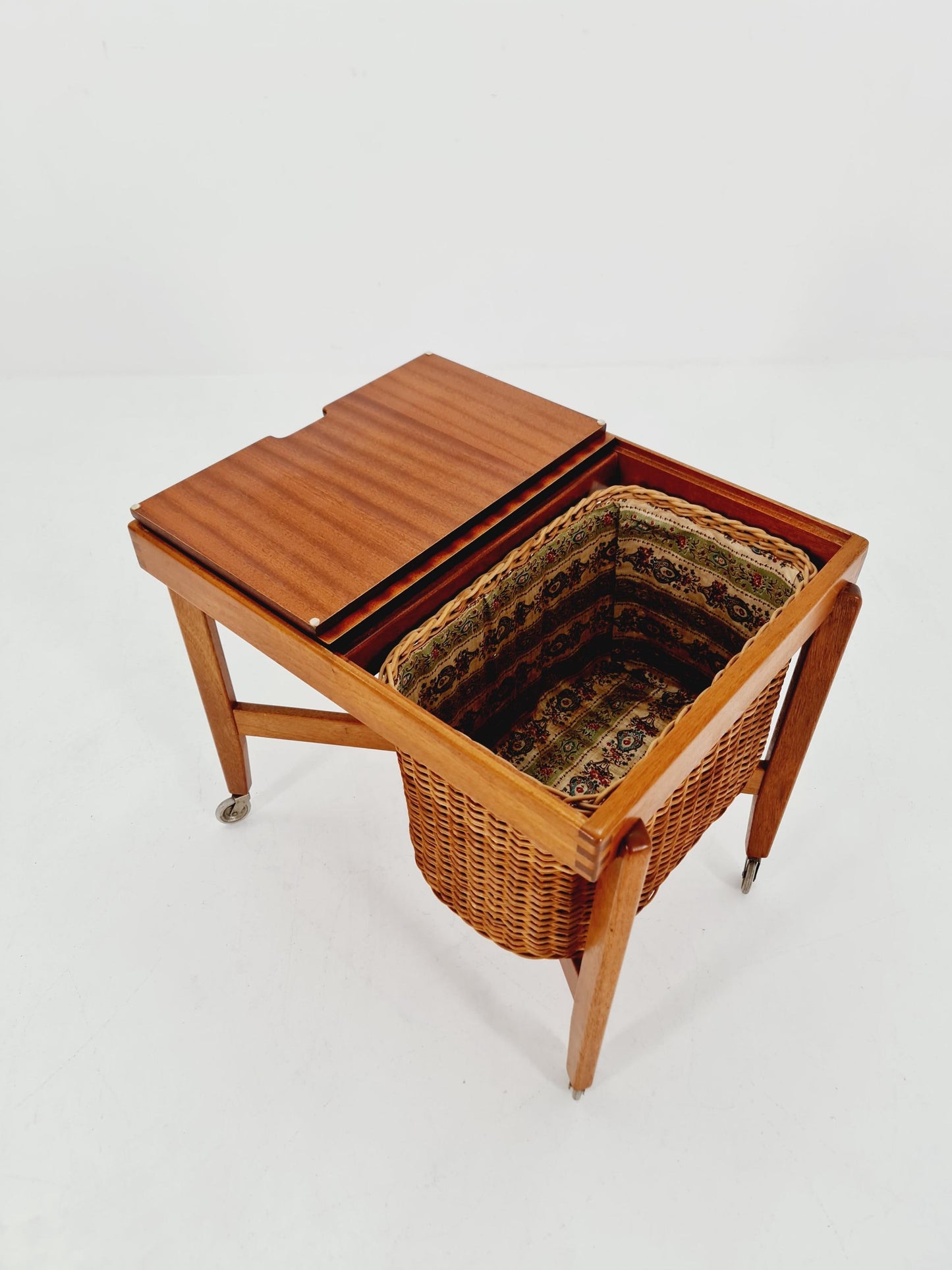 Vintage Danish teak and rattan sewing table/ side table cabinet By Asko , 1960s