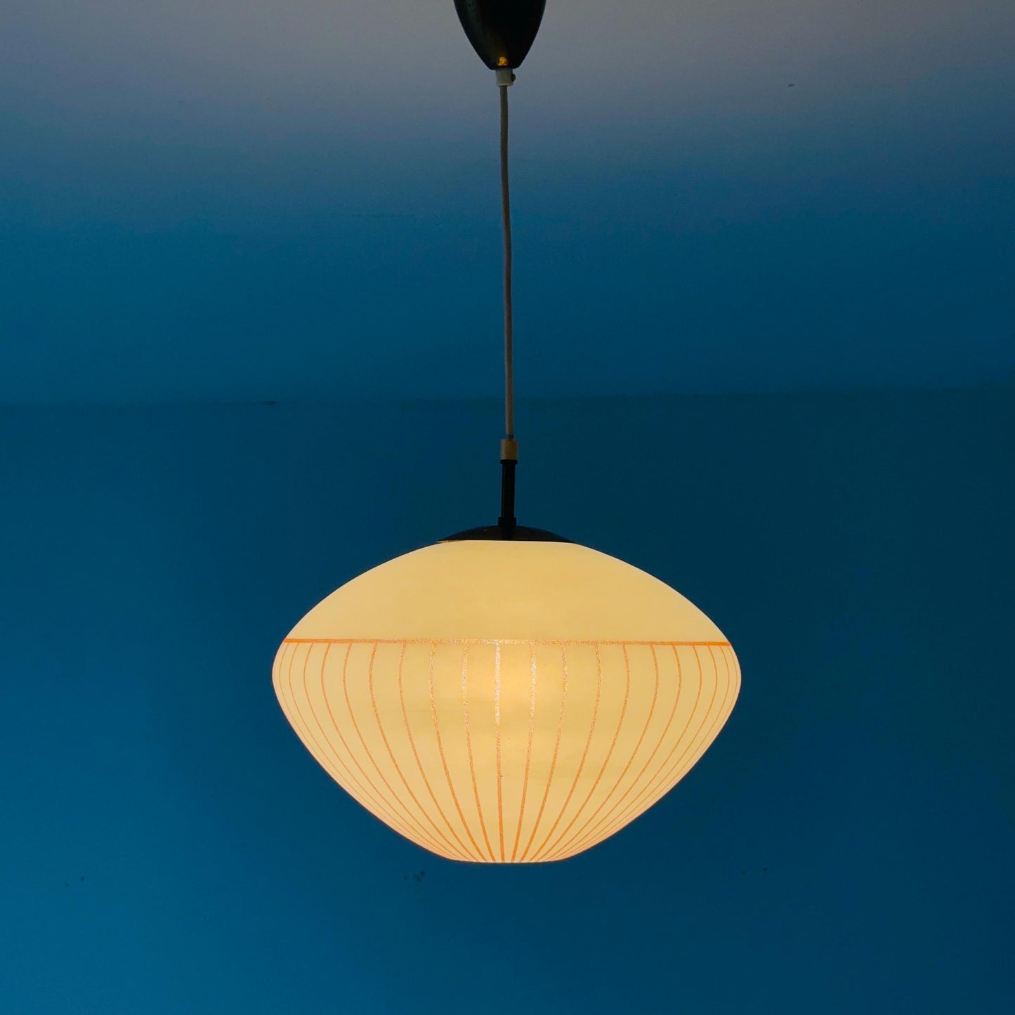 Mid century Hanging Glass Lamp, white milk glass and Red Stripes, Germany 1960s