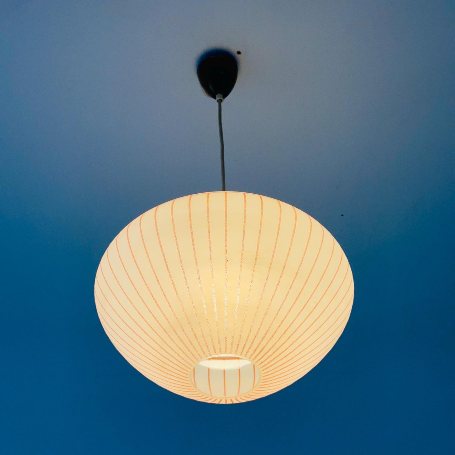 Mid century Hanging Glass Lamp, white milk glass and Red Stripes, Germany 1960s