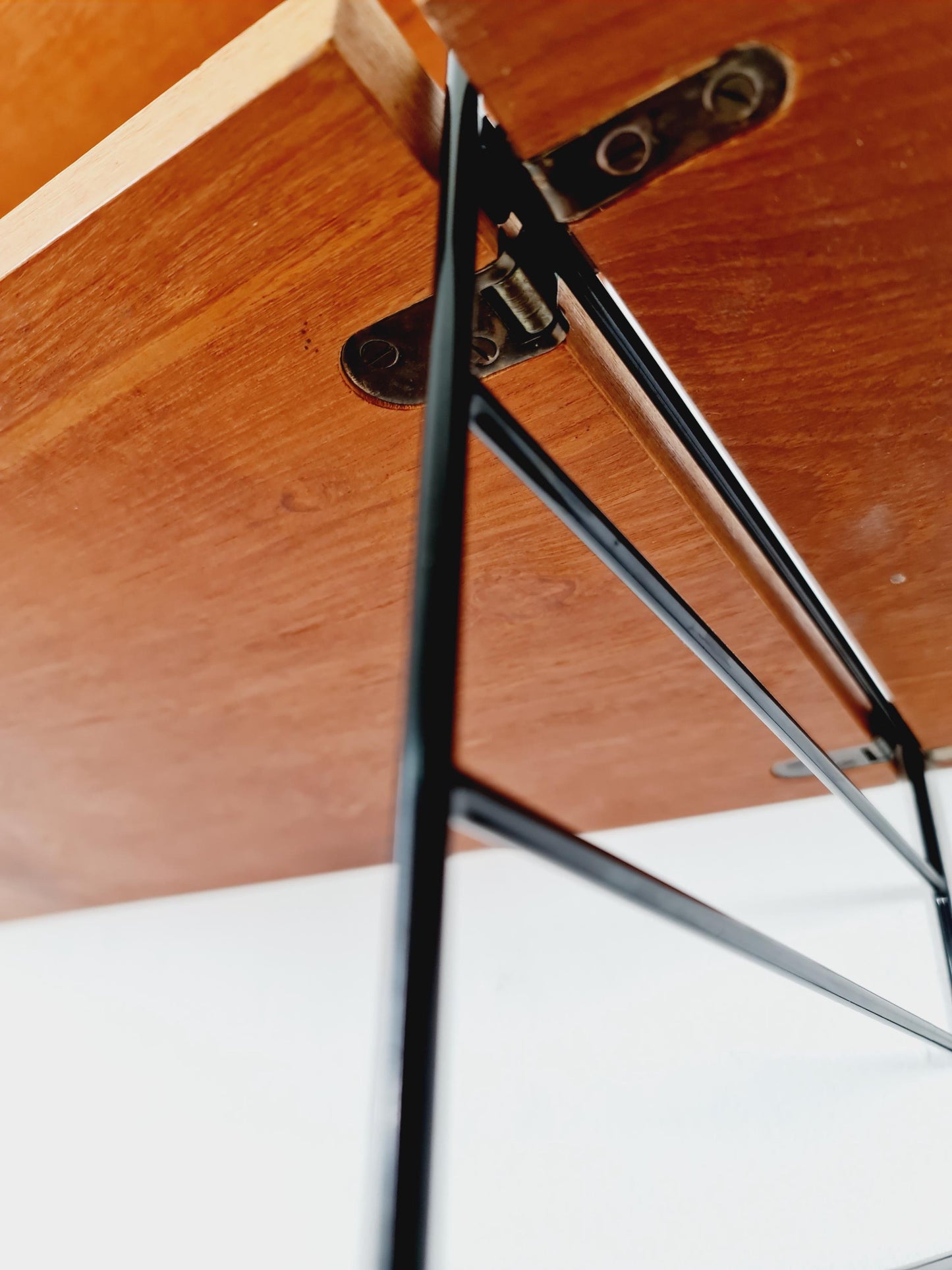 Original MCM Teak shelving system - consists of Black lacquered metal ladders, from string Stockholm 1960s