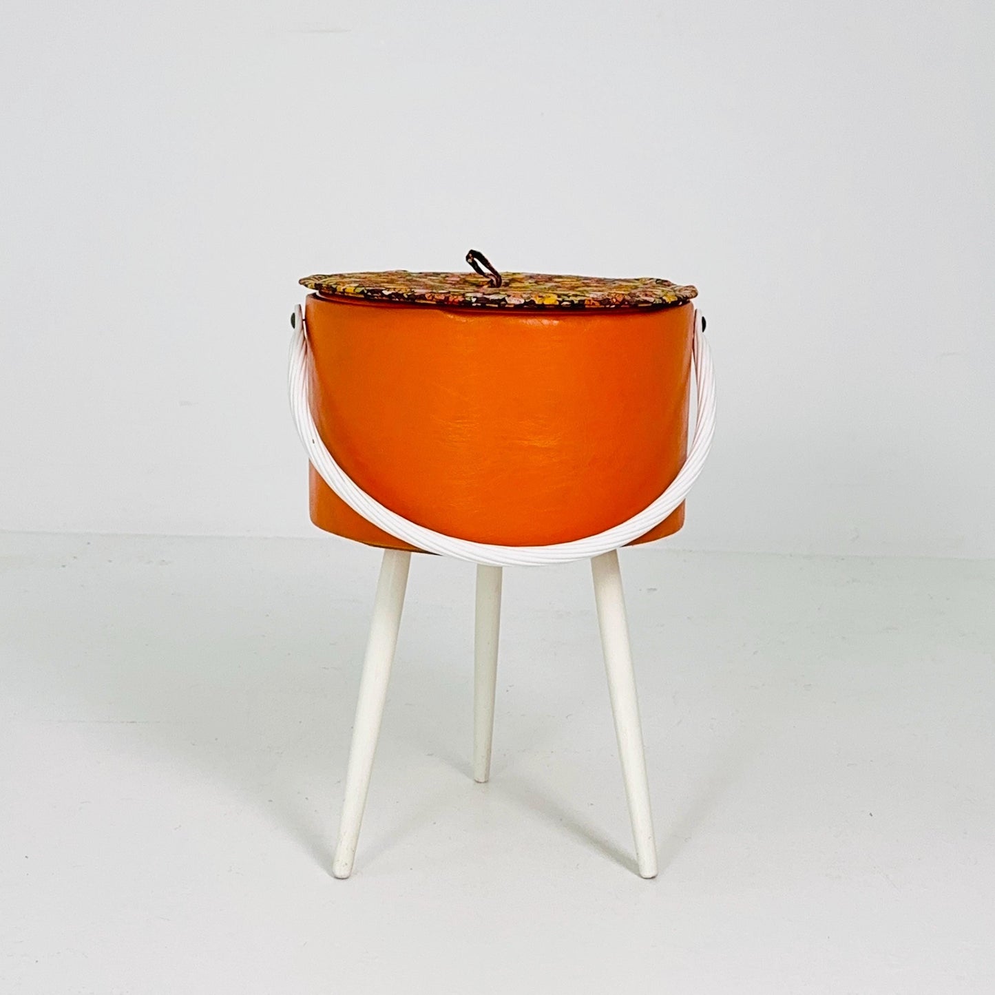 Mid century retro Tangerine Sewing Box Stool – Retro Craft Box with Floral Lid & Tray Germany 1970s