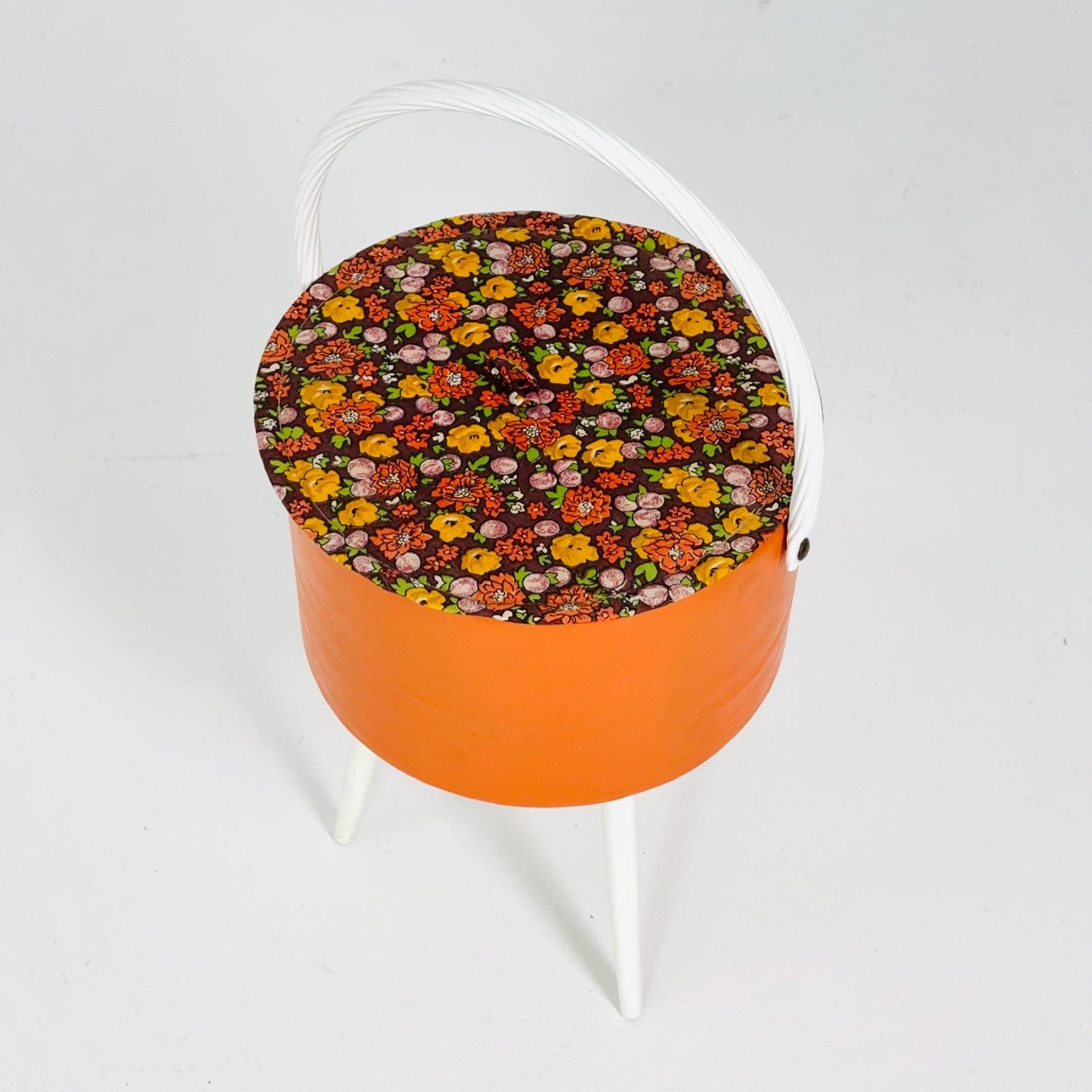 Mid century retro Tangerine Sewing Box Stool – Retro Craft Box with Floral Lid & Tray Germany 1970s
