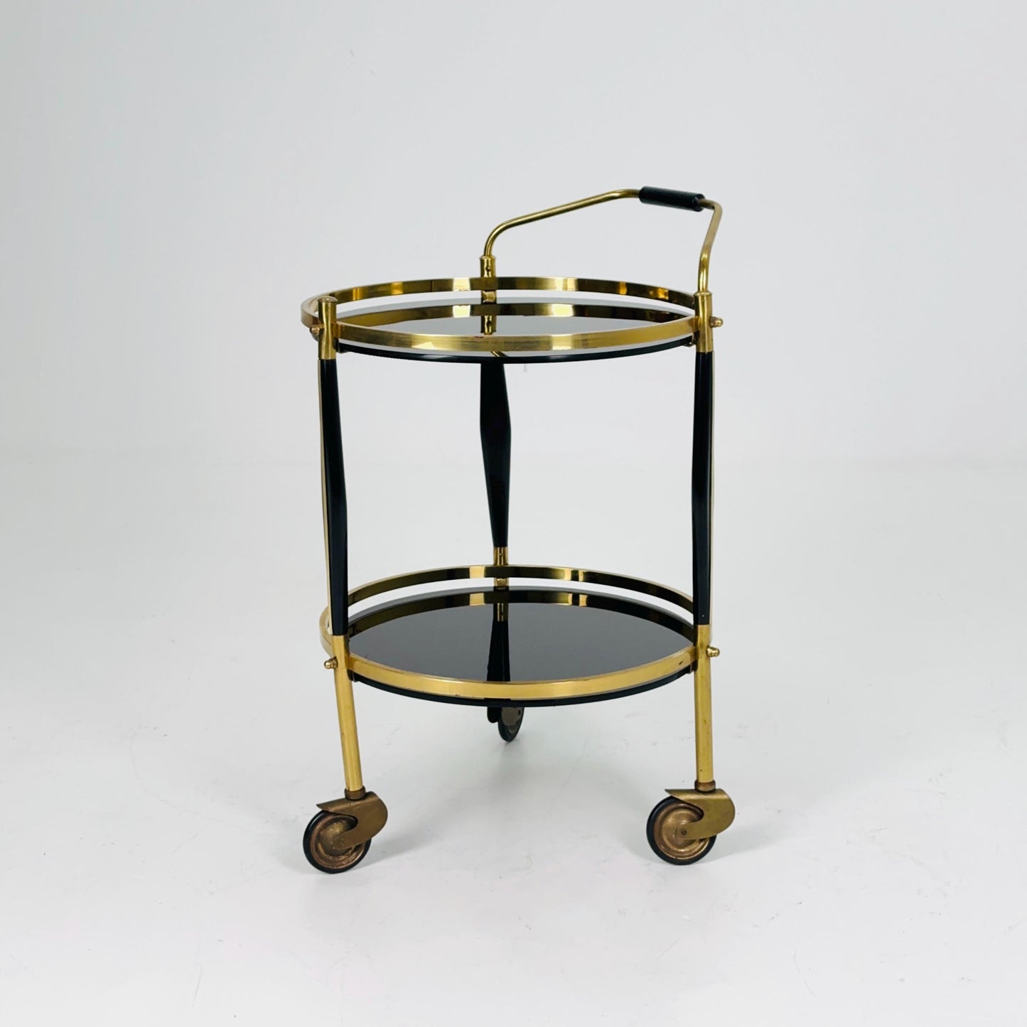 Mid-Century Brass & Black Glass Round Trolley — Germany, 1970s | Elegant Vintage Bar Cart