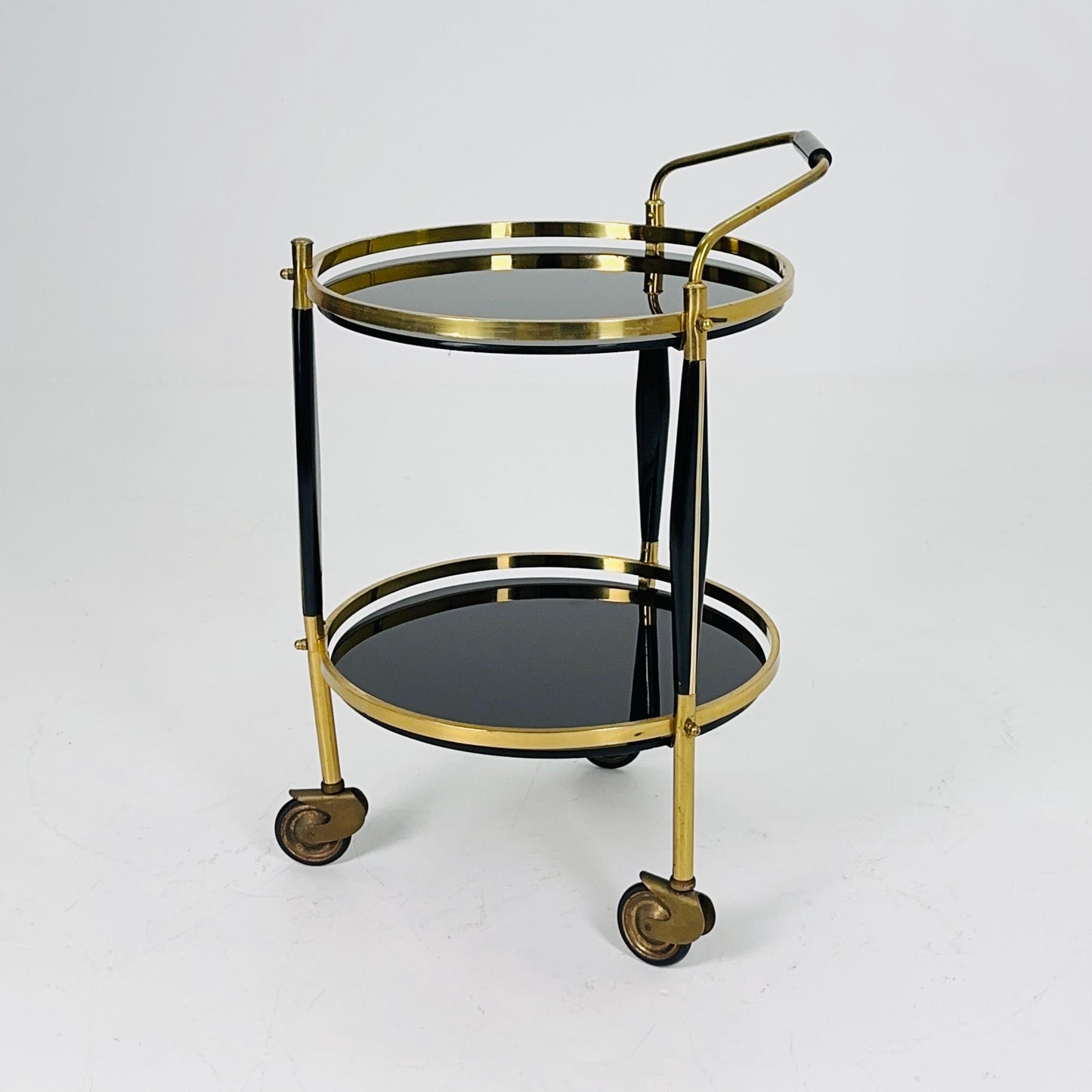 Mid-Century Brass & Black Glass Round Trolley — Germany, 1970s | Elegant Vintage Bar Cart