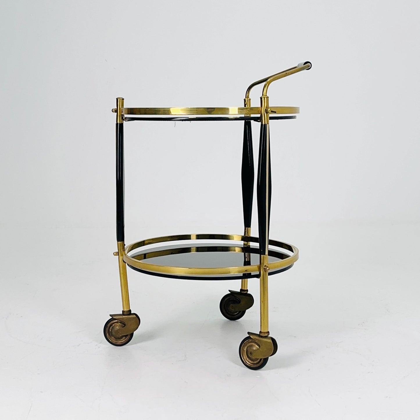 Mid-Century Brass & Black Glass Round Trolley — Germany, 1970s | Elegant Vintage Bar Cart