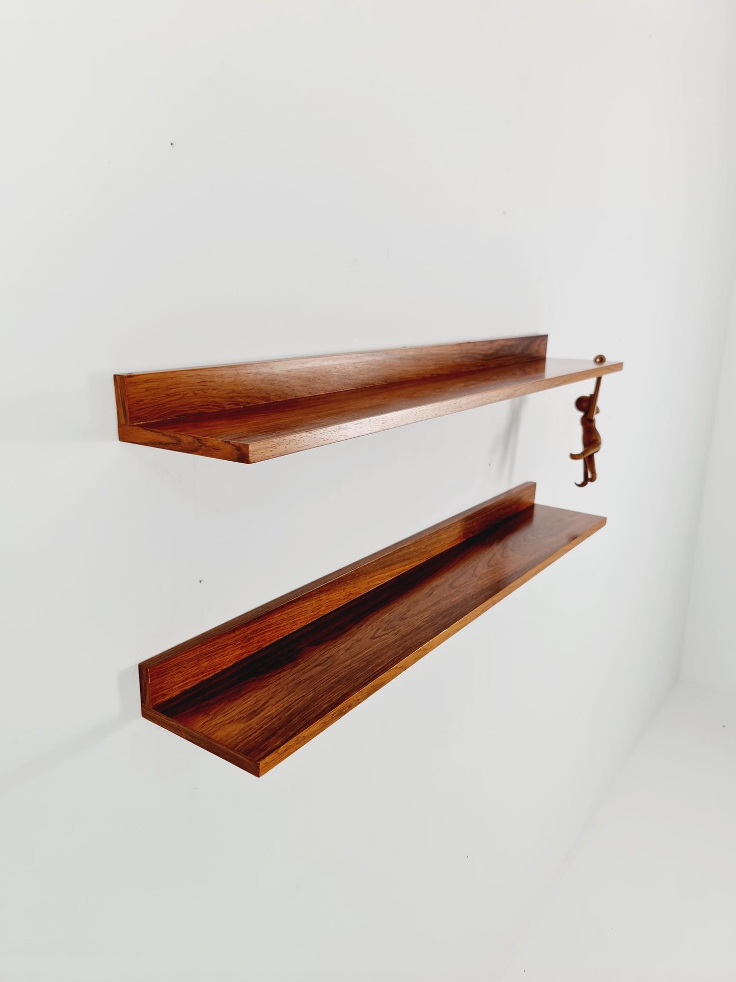 Pair of Big Danish Rose wood floating hanging shelf, 1960s
