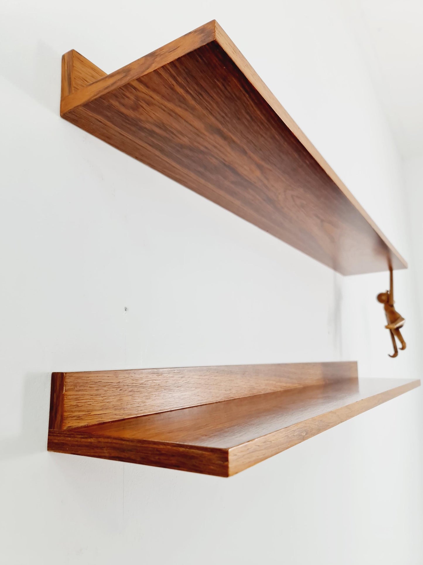 Pair of Big Danish Rose wood floating hanging shelf, 1960s