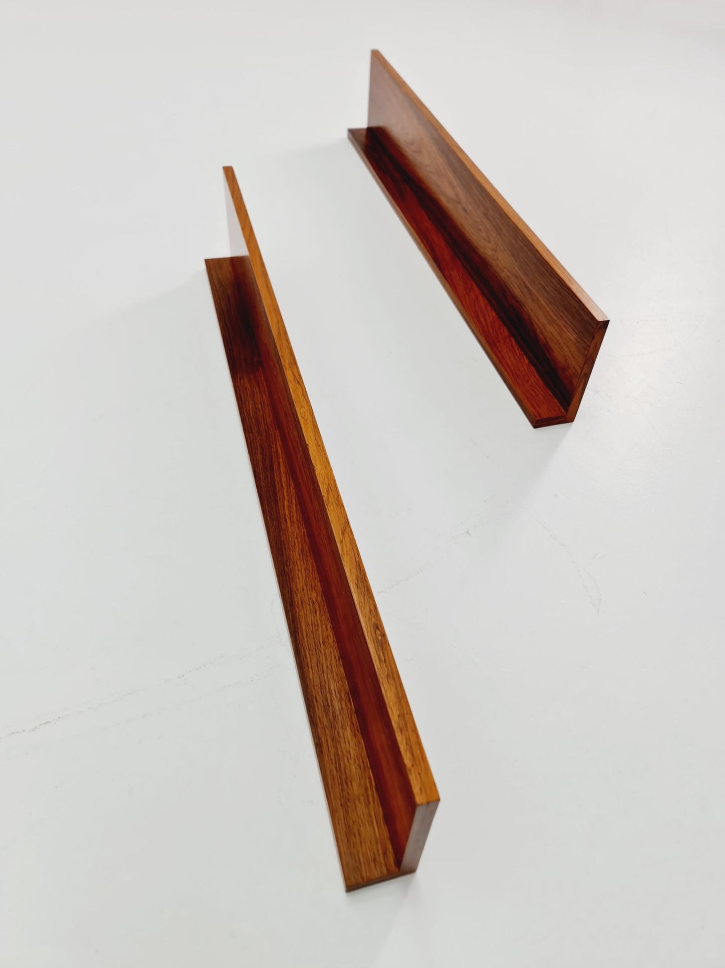 Pair of Big Danish Rose wood floating hanging shelf, 1960s